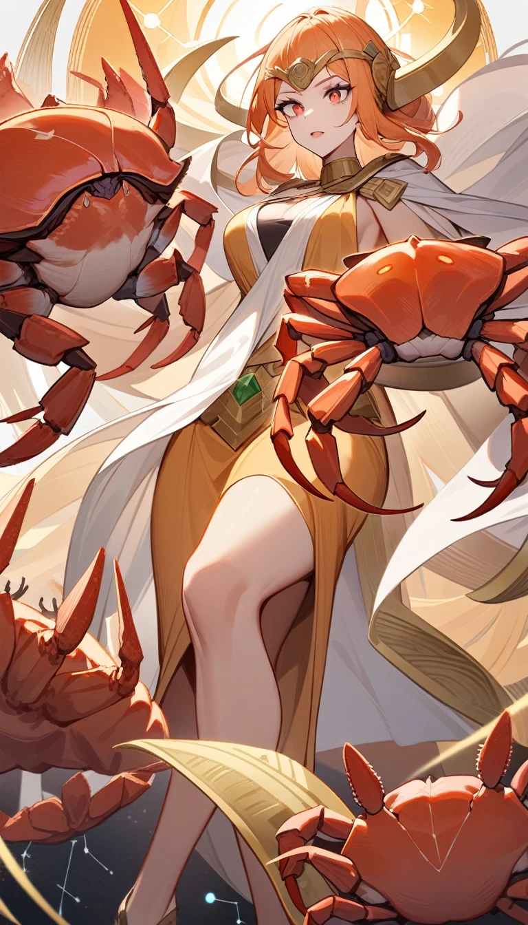 （Huang Li、high quality、Extremely detailed），Constellation-Cancer Goddess，Huge crabs，Woman stroking crab，Similar to Latin goodness，brave，capricious，Productivity，The face of enterprising and humanitarianism，Long orange hair，Ancient Greek costumes、Wrap Dress，The background is the universe，Crystal red eyes（Eyes Details），Powerful appearance