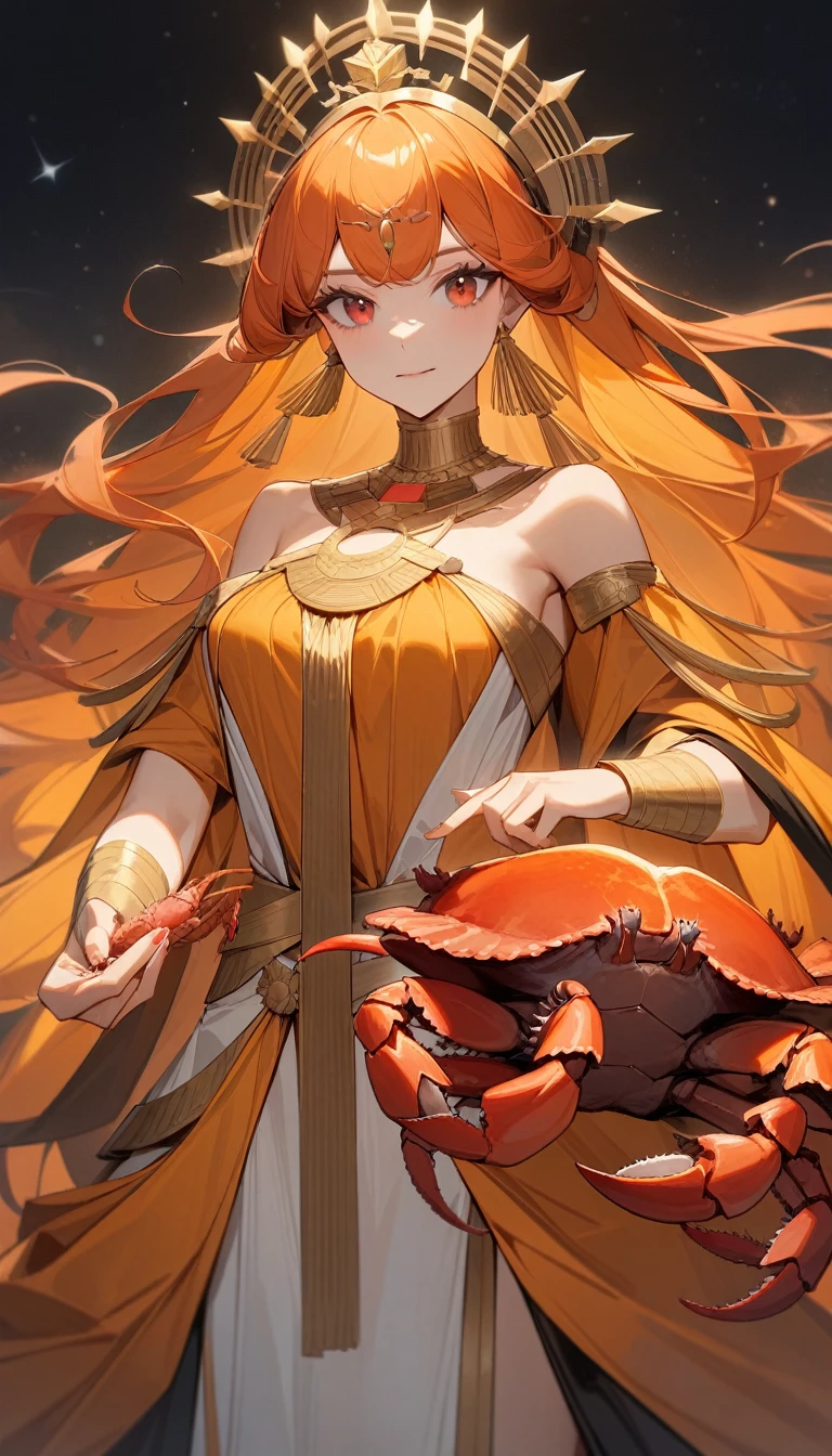 （Huang Li、high quality、Extremely detailed），Constellation-Cancer Goddess，Huge crabs，Woman stroking crab，Similar to Latin goodness，brave，capricious，Productivity，The face of enterprising and humanitarianism，Long orange hair，Ancient Greek costumes、Wrap Dress，The background is the universe，Crystal red eyes（Eyes Details），Powerful appearance