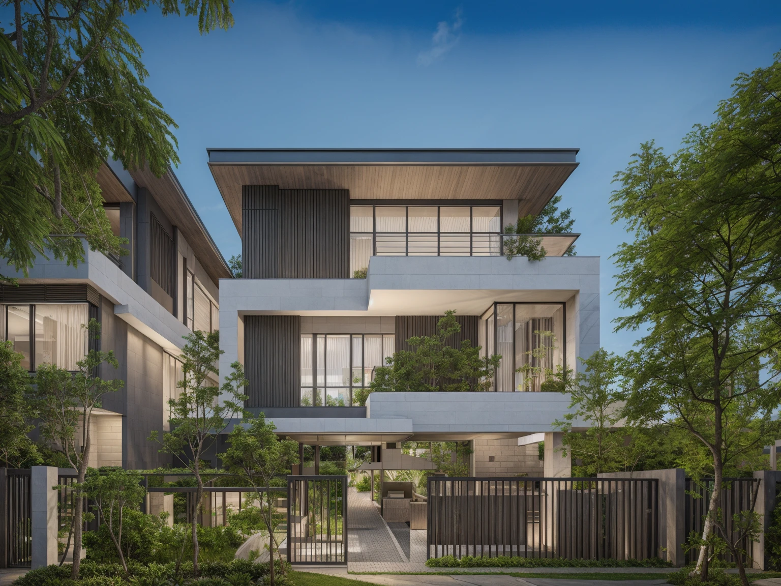 RAW photo, Exterior of two story white modern house, road, ((sidewalk)), ((sidewalk trees)), residences area, day time, tropical trees and plants, (high detailed:1.2), 8k uhd, dslr, soft lighting, high quality, film grain, Fujifilm XT3)