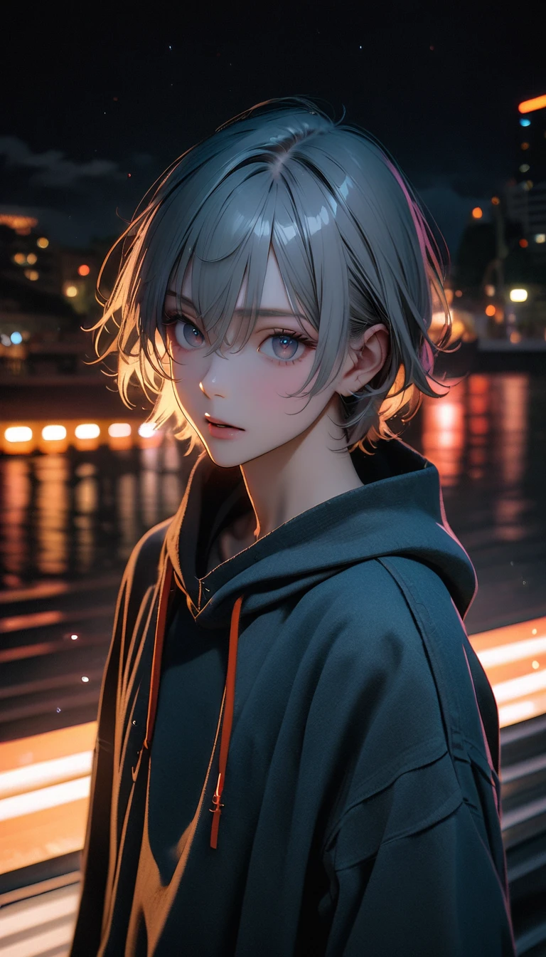 (8K, RAW photos, best quality, masterpiece: 1.4), (((Boy on bike))),Ultra-high resolution, Extremely detailed, light, closeup of arms, handsome boy, black eyes, (delicate eyes, Eyes are bright:1.2), Gray short hair, Fair skin,dark, Grey sweatshirt, sweatshirt with hood,(perfect anatomy:1.2), High-quality shadows, Natural Lighting, (White highlights:1.2), night, cloudy day, (Four-story residential building:1.2), (Bridge at night:1.2)