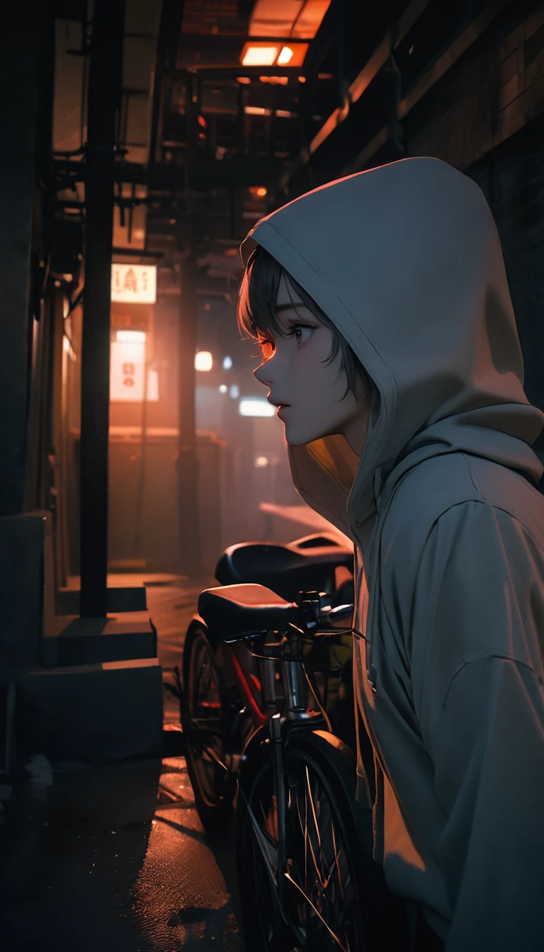 (8K, RAW photos, best quality, masterpiece: 1.4), (((Boy on bike)))，Ultra-high resolution, Extremely detailed, light, closeup of arms, handsome boy, black eyes, (delicate eyes, Eyes are bright:1.2), Gray short hair, Fair skin,dark, Grey sweatshirt, sweatshirt with hood,(perfect anatomy:1.2), High-quality shadows, Natural Lighting, (White highlights:1.2), night, cloudy day, (Four-story residential building:1.2), (Bridge at night:1.2)