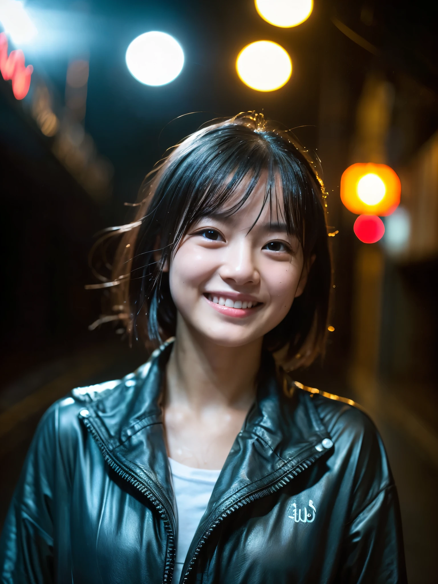 Wet roads ,drenched, Dripping, Wet Face,Wet clothes, Wet Skin, Wet Hair,A young woman with a cute face like a Japanese idol,Smile a little,Looking up at the rainy sky,chest,((Cinema lighting),(Natural light),(High level of artistry),(Artistic),(Quality indistinguishable from real life),RAW Photos,Genuine,Genuine,High resolution,RAW Photos,masterpiece, beautiful