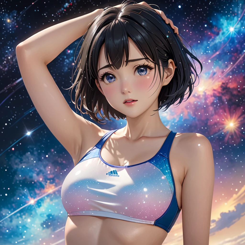 National Science Foundation,masterpiece,High resolution,8K,Art,digit,Three-dimensional,Realism,Kyoto Animation Style,your name movie style,cute,baby face,look into camera,Universe nebula background,(1 girl: 1.3),(alone: 1.4),(Three-point swimsuit),Put your hands behind your head,Black hair,Long eyelashes,Long thin legs,Short Bob,Close-up of upper body,Close-up,Close up,Eyes as deep as the starry sky,shy,pain,sad,Feeling embarrassed