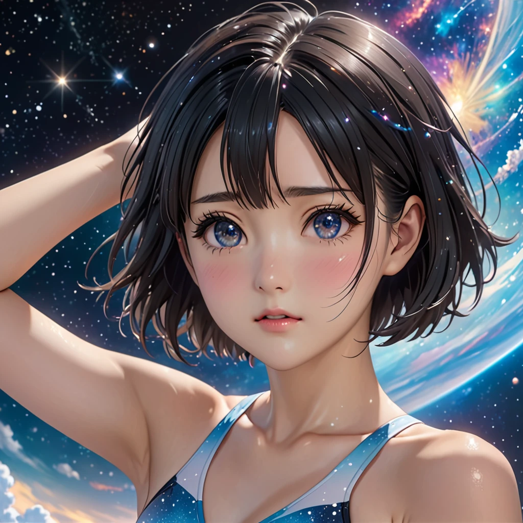 National Science Foundation,masterpiece,High resolution,8K,Art,digit,Three-dimensional,Realism,Kyoto Animation Style,your name movie style,cute,,look into camera,Universe nebula background,(1 girl: 1.3),(alone: 1.4),(Three-point swimsuit),Put your hands behind your head,Black hair,Long eyelashes,Long thin legs,Short Bob,Close-up of upper body,Close-up,Close up,Eyes as deep as the starry sky,shy,pain,sad,Feeling embarrassed