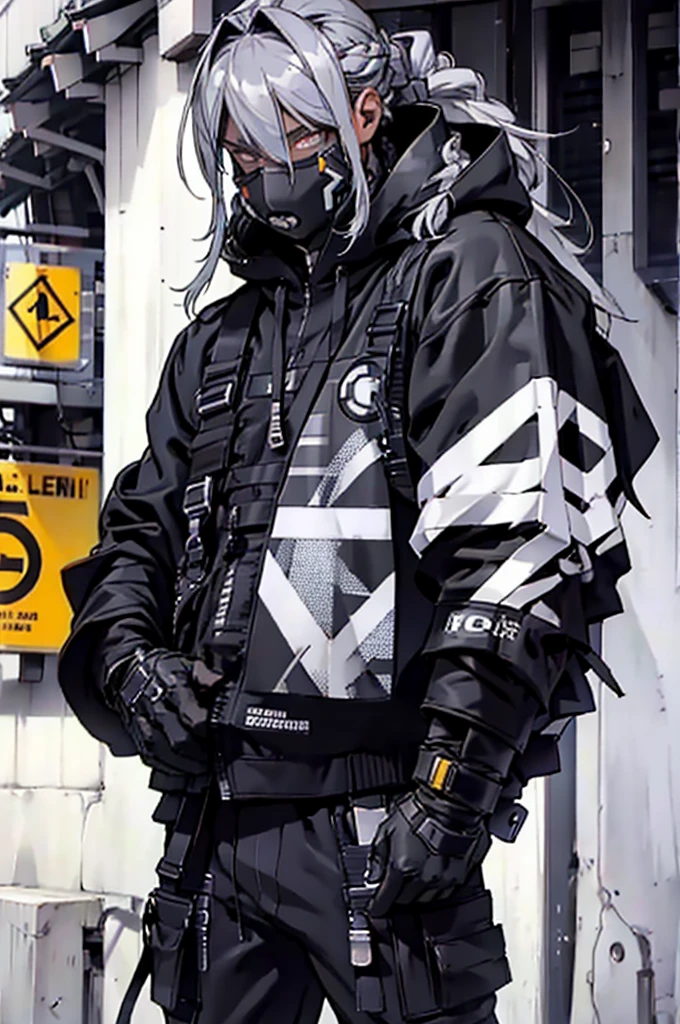 Dark skin male, long box braids, sleevless black and grey hoodie, street tech sweapants, fingerless gloves, silver eyes, close up on face, handsome, shadow powers, no face mask