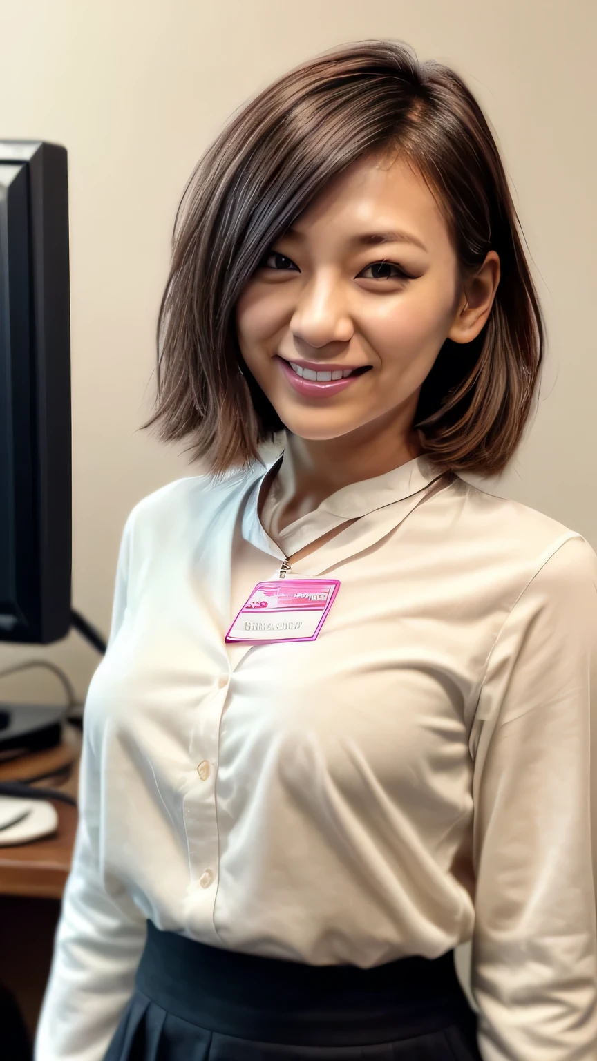 (Realistic、Like a photograph、Live Action、8K, Photorealistic, RAW Photos, Best image quality: 1.4), Single-lens reflex camera、RAW Photos, Highest quality, Realistic, Highly detailed CG Unity 8K wallpaper, Written boundary depth, Cinematic Light, Lens flare, Ray Tracing, Realistic background、(Black long sleeve blouse:1.4、Long skirt:1.1、Small breasts:1.37、((Wear a name tag around your neck)))、((Ultra-dense skin))、 1 female,Cute Japanese Woman、Japanese office lady at work、((whole body:1.5),View the computer:1.1、smile、Pink inner color hair、Long Hair:1.2、Half Up Hair、I like that style、Stylish、Very detailed、Pay attention to the details、Perfect outfit、(Sunburned skin)、Beautiful legs:1.1,Are standing、View from the front