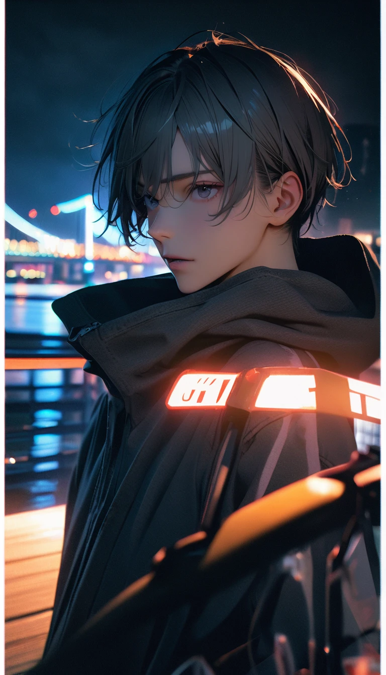 (8K, RAW photos, best quality, masterpiece: 1.4), (((Boy on bike)))，Ultra-high resolution, Extremely detailed, light, closeup of arms, handsome boy, black eyes, (delicate eyes, Eyes are bright:1.2), Gray short hair, Fair skin,dark, Grey sweatshirt, sweatshirt with hood,(perfect anatomy:1.2), High-quality shadows, Natural Lighting, (White highlights:1.2), night, cloudy day, (Four-story residential building:1.2), (Bridge at night:1.2)