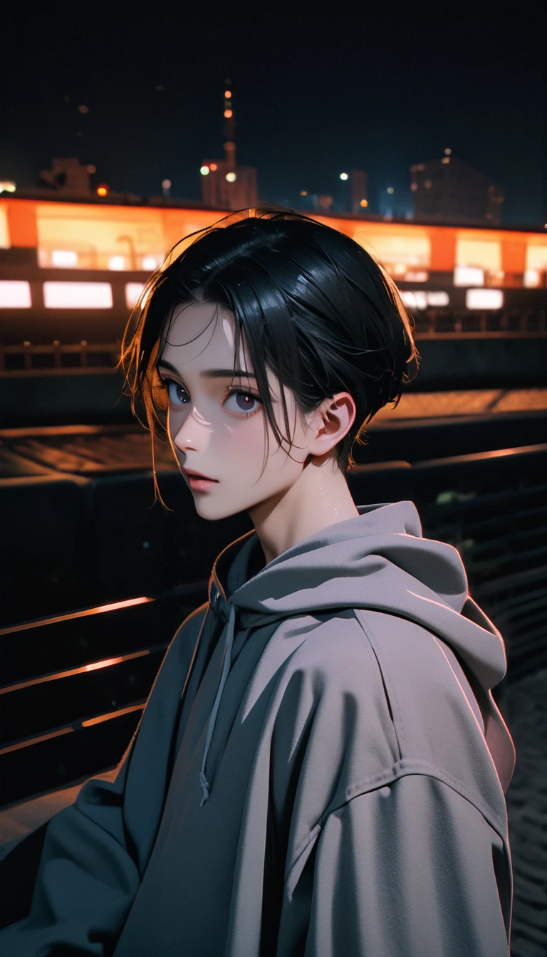 (8K, RAW photos, best quality, masterpiece: 1.4), (((Boy on bike))),Ultra-high resolution, Extremely detailed, light, closeup of arms, handsome boy, black eyes, (delicate eyes, Eyes are bright:1.2), Gray short hair, Fair skin,dark, Grey sweatshirt, sweatshirt with hood,(perfect anatomy:1.2), High-quality shadows, Natural Lighting, (White highlights:1.2), night, cloudy day, (Four-story residential building:1.2), (Bridge at night:1.2)