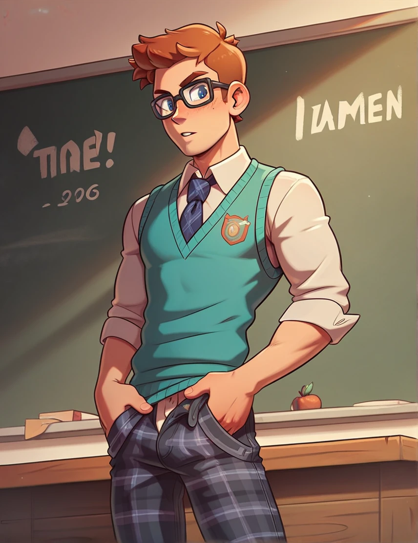 (cartoon), 1man, ((solo)), a handsome brown-haired man, circular black glasses, in front of a chalkboard, no facial hair, skinny body type, friendly, freckles, teacher, sweater vest, tie, plaid pants