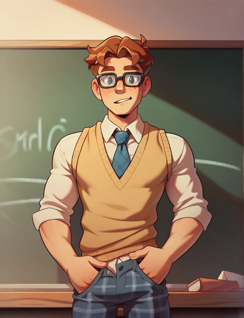 (cartoon), 1man, ((solo)), a handsome brown-haired man, circular black glasses, in front of a chalkboard, no facial hair, skinny body type, friendly, freckles, teacher, sweater vest, tie, plaid pants