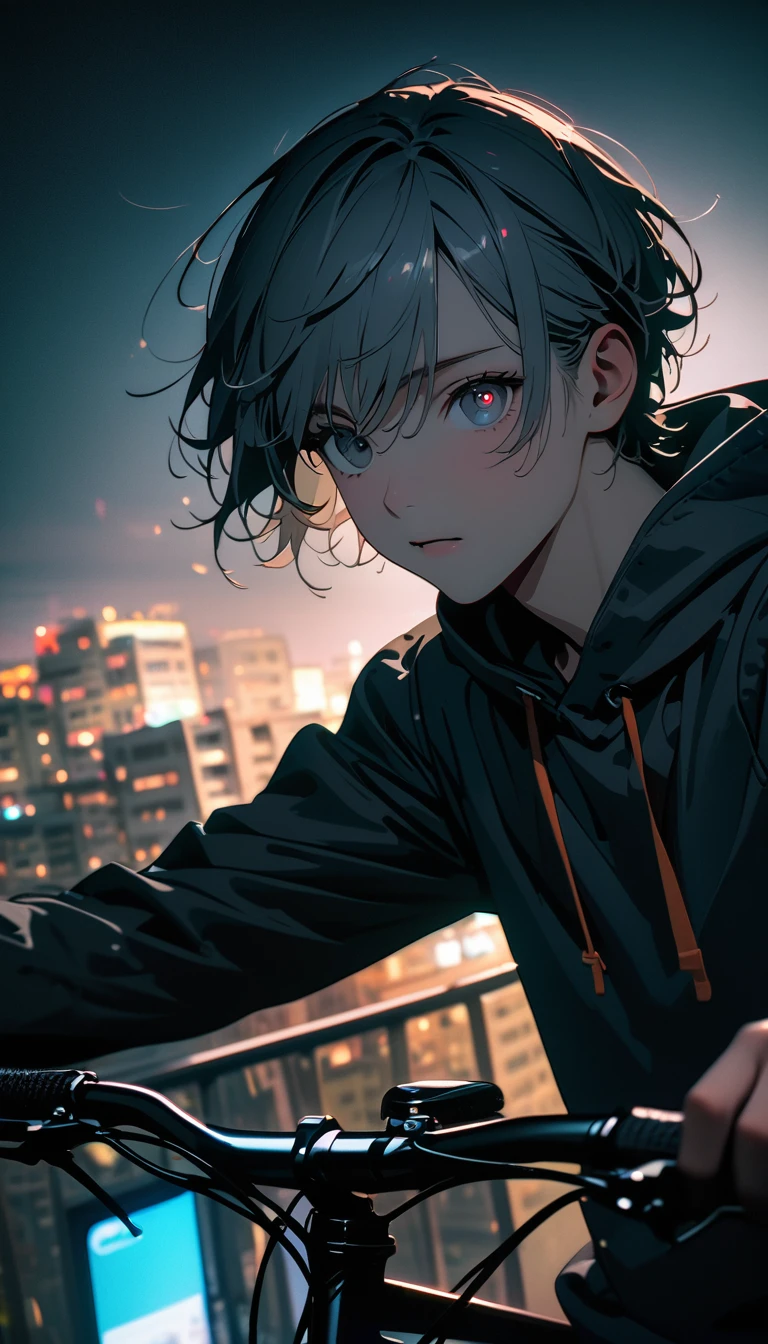 (8K, RAW photos, best quality, masterpiece: 1.4), (((Boy on bike))),Ultra-high resolution, Extremely detailed, light, closeup of arms, handsome boy, black eyes, (delicate eyes, Eyes are bright:1.2), Gray short hair, Fair skin,dark, Grey sweatshirt, sweatshirt with hood,(perfect anatomy:1.2), High-quality shadows, Natural Lighting, (White highlights:1.2), night, cloudy day, (Four-story residential building:1.2), (Bridge at night:1.2)