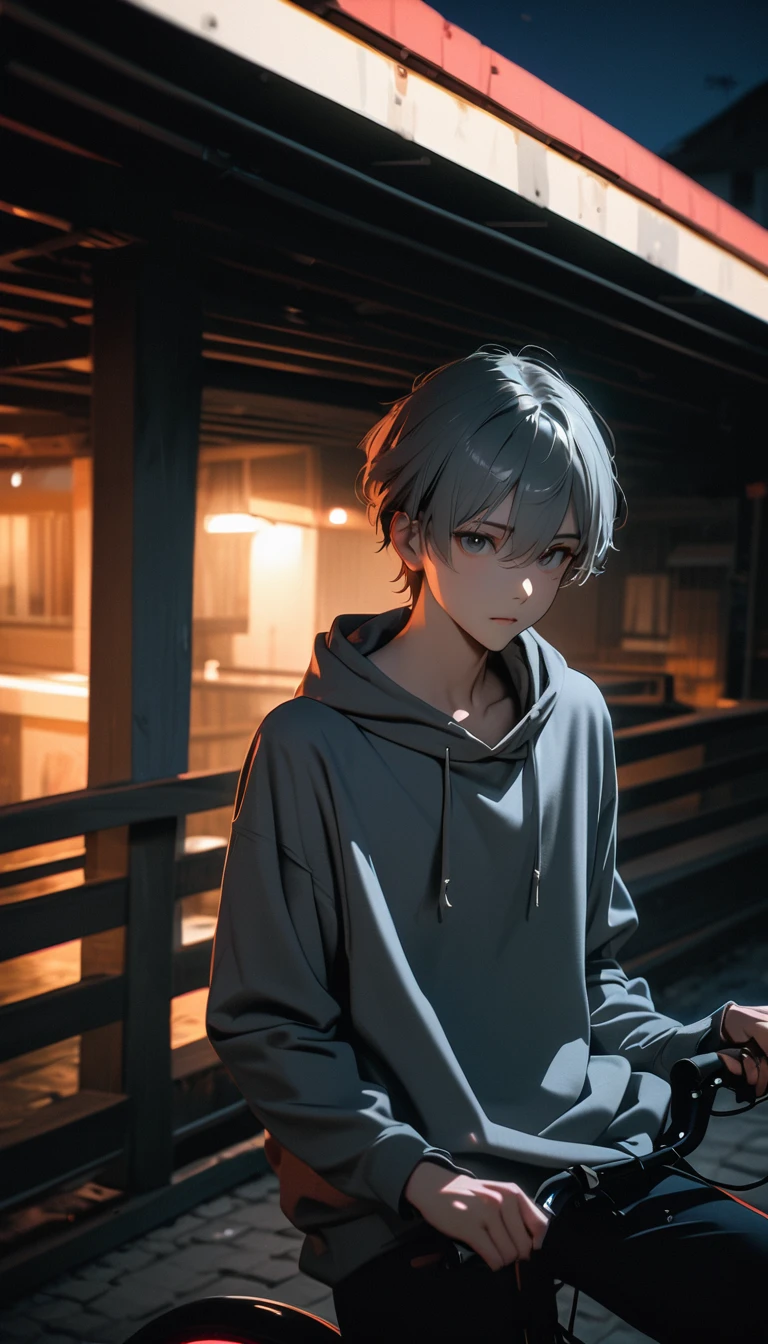 (8K, RAW photos, best quality, masterpiece: 1.4), (((Boy on bike))),Ultra-high resolution, Extremely detailed, light, closeup of arms, handsome boy, black eyes, (delicate eyes, Eyes are bright:1.2), Gray short hair, Fair skin,dark, Grey sweatshirt, sweatshirt with hood,(perfect anatomy:1.2), High-quality shadows, Natural Lighting, (White highlights:1.2), night, cloudy day, (Four-story residential building:1.2), (Bridge at night:1.2)
