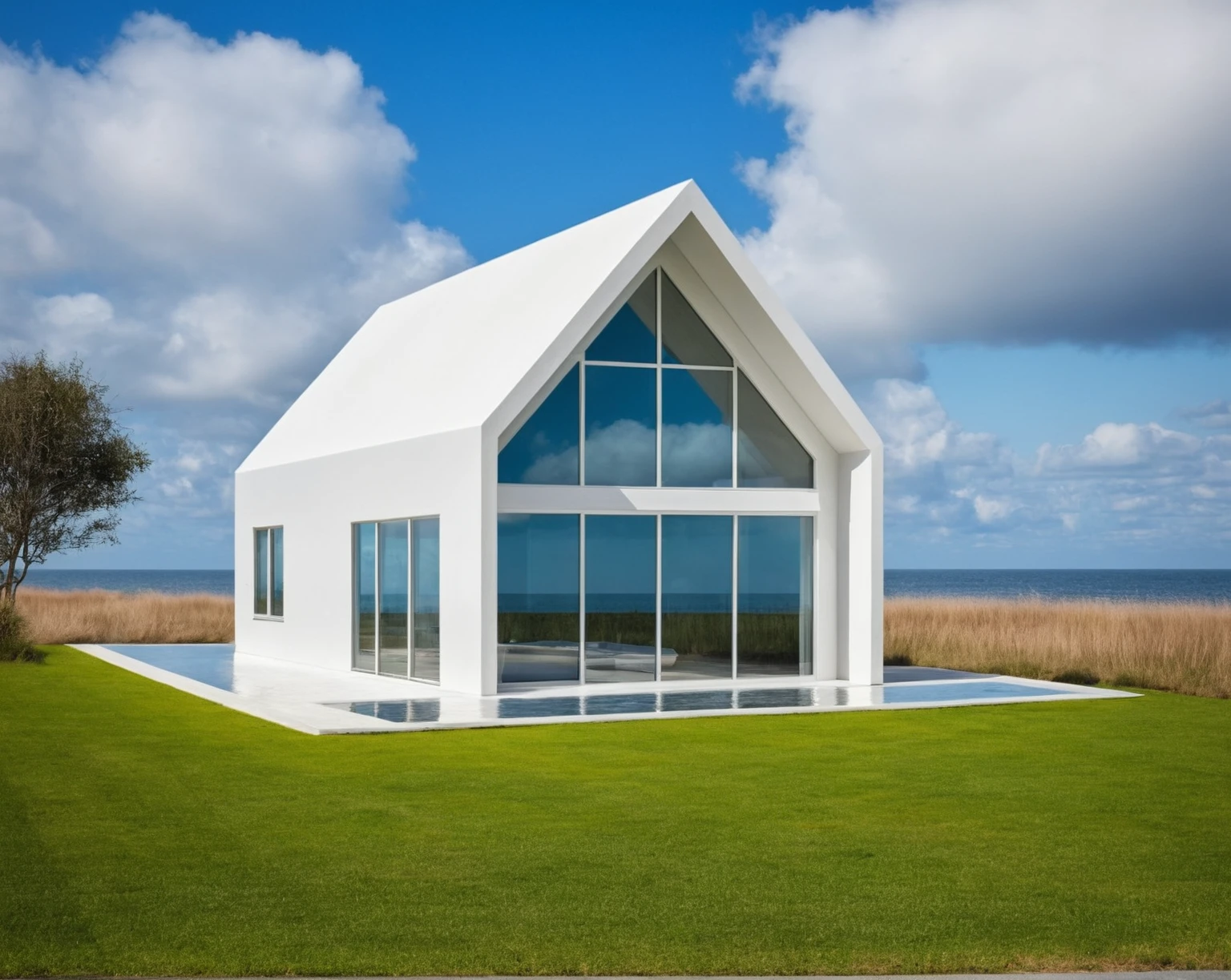 Raw photo, Masterpiece, high quality, best quality, authentic, super detail,
outdoors, house style modern, white wall, glass windows, roof, beach
road, grass, trees, sky, cloud, daylight:2.2), vivid colors, (realistic:2.3),