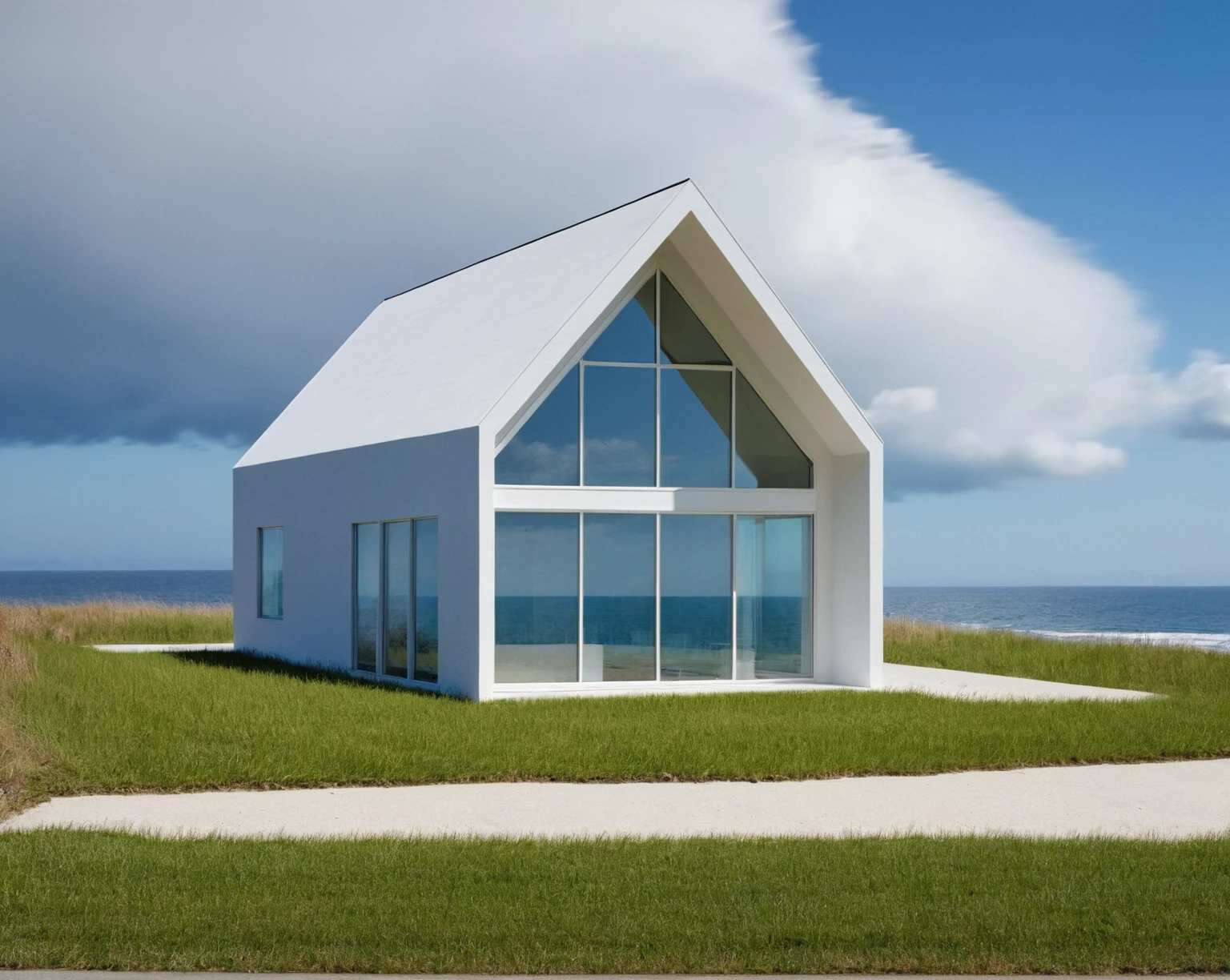 Raw photo, Masterpiece, high quality, best quality, authentic, super detail,
outdoors, house style modern, white wall, glass windows, roof, beach
road, grass, trees, sky, cloud, daylight:2.2), vivid colors, (realistic:2.3),