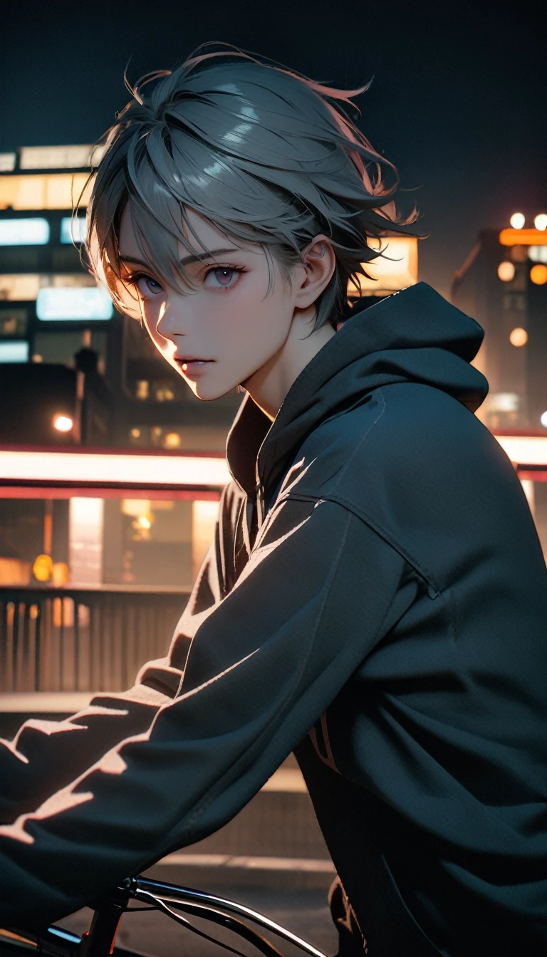 (8K, RAW photos, best quality, masterpiece: 1.4), (((Boy on bike))),Ultra-high resolution, Extremely detailed, light, closeup of arms, handsome boy, black eyes, (delicate eyes, Eyes are bright:1.2), Gray short hair, Fair skin,dark, Grey sweatshirt, sweatshirt with hood,(perfect anatomy:1.2), High-quality shadows, Natural Lighting, (White highlights:1.2), night, cloudy day, (Four-story residential building:1.2), (Bridge at night:1.2)
