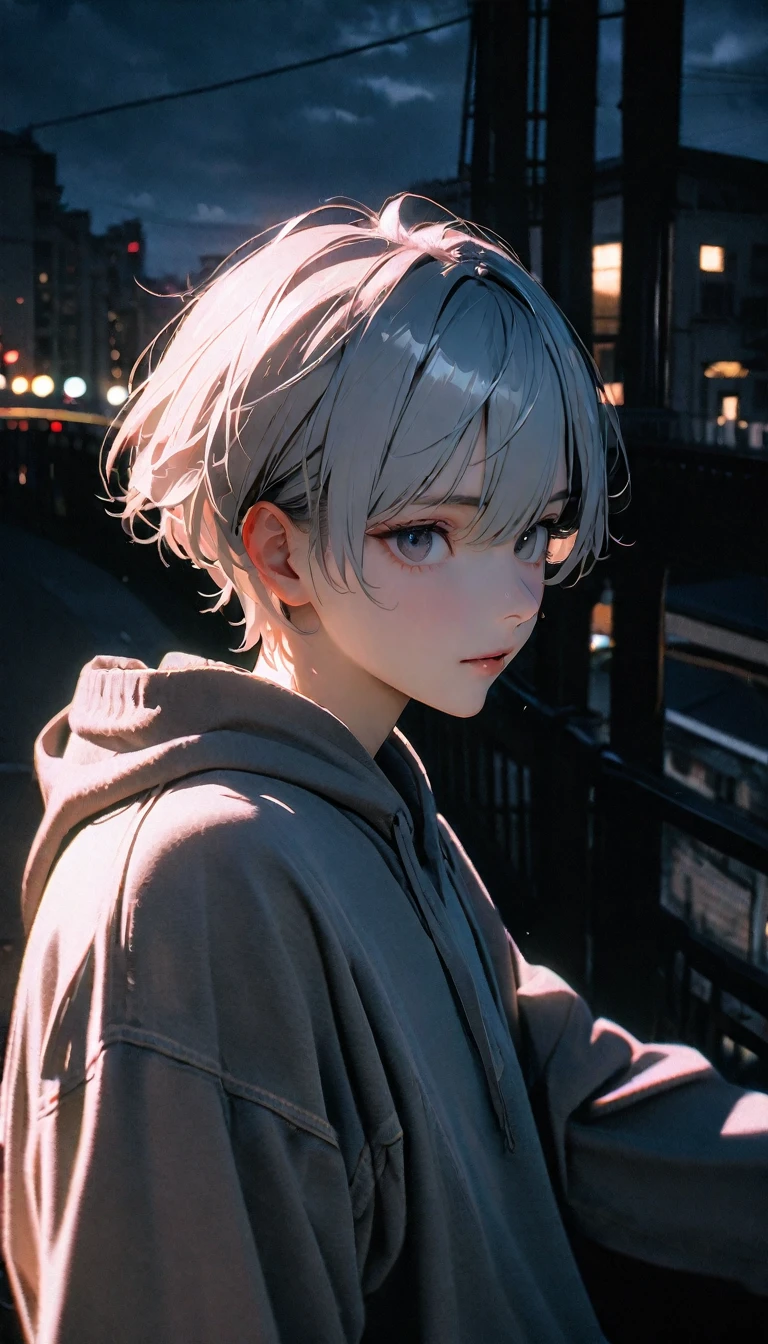 (8K, RAW photos, best quality, masterpiece: 1.4), (((Boy on bike))),Ultra-high resolution, Extremely detailed, light, closeup of arms, handsome boy, black eyes, (delicate eyes, Eyes are bright:1.2), Gray short hair, Fair skin,dark, Grey sweatshirt, sweatshirt with hood,(perfect anatomy:1.2), High-quality shadows, Natural Lighting, (White highlights:1.2), night, cloudy day, (Four-story residential building:1.2), (Bridge at night:1.2)