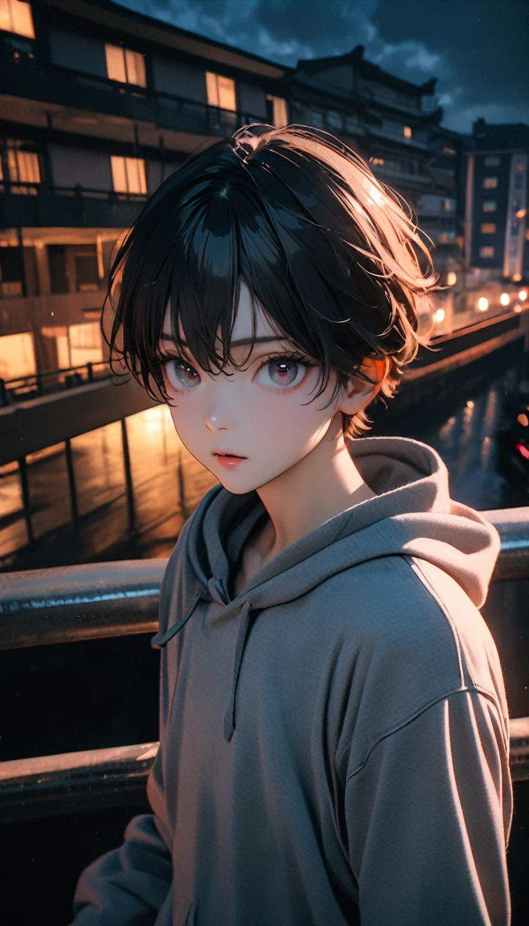 (8K, RAW photos, best quality, masterpiece: 1.4), (((Boy on bike)))，Ultra-high resolution, Extremely detailed, light, closeup of arms, handsome boy, black eyes, (delicate eyes, Eyes are bright:1.2), Gray short hair, Fair skin,dark, Grey sweatshirt, sweatshirt with hood,(perfect anatomy:1.2), High-quality shadows, Natural Lighting, (White highlights:1.2), night, cloudy day, (Four-story residential building:1.2), (Bridge at night:1.2)