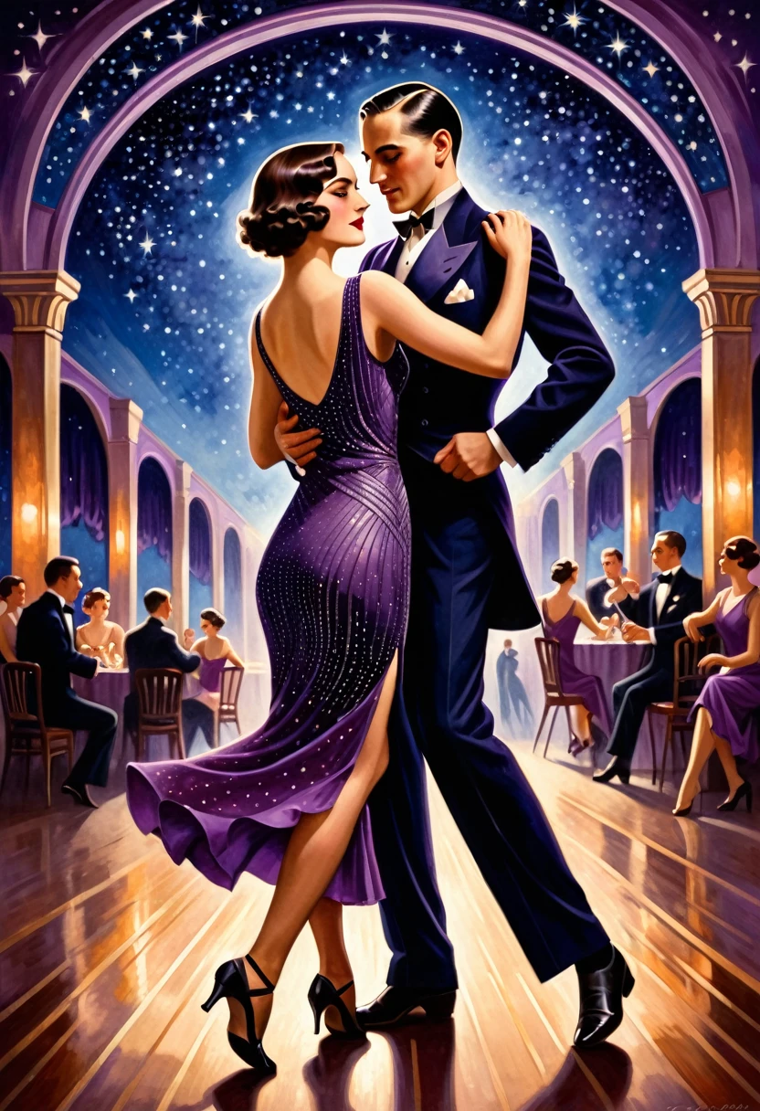 a man and woman dancing tango, art deco ballroom, 1920s, man facing forward, woman facing away from viewer, dancing the tango, woman is wearing a purple long tight dress, small stars are shining in the dark blue sky, detailed facial features, beautiful dress, formal attire, dramatic lighting, warm color palette, high-quality,