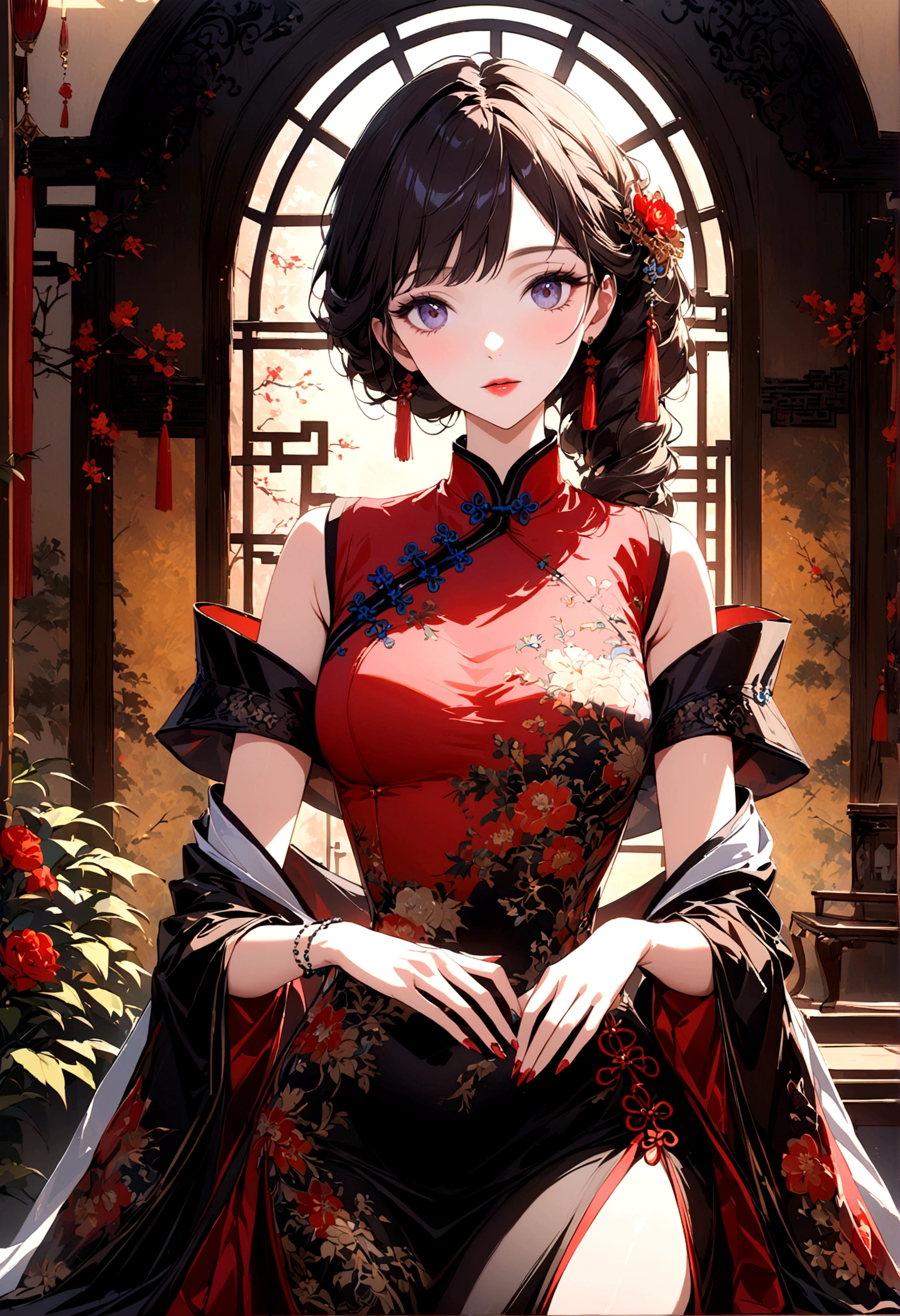 A woman in a qipao, elegant and graceful, adorned with exquisite embroidery and floral patterns. The traditional elements and oriental charm exude a classical and luxurious aura. The qipao features intricate details and a vintage style, enhanced by the play of light and shadow for a visually stunning effect. The artwork is rendered in high quality, showcasing the beauty of the traditional Chinese dress.