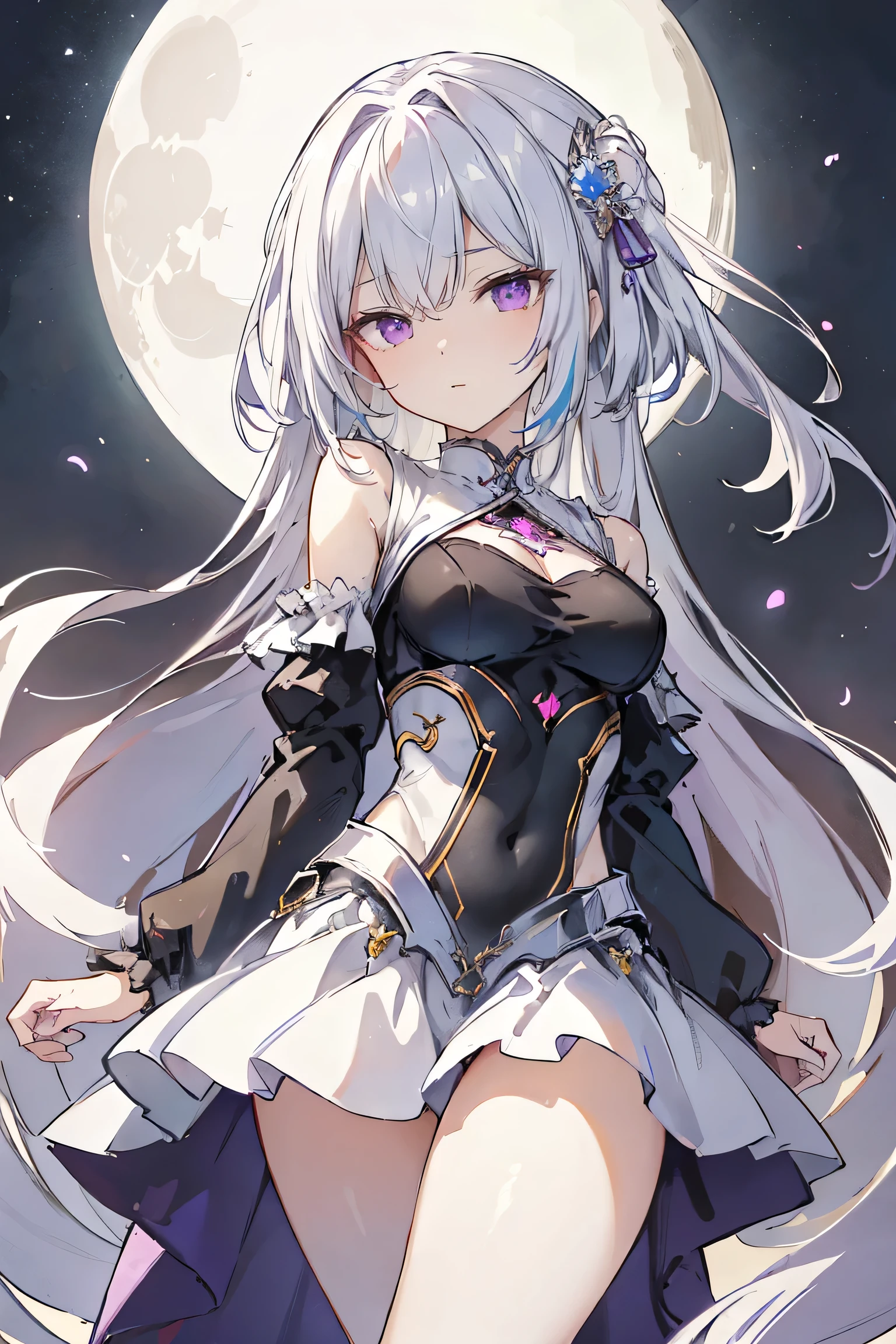 1girl, anime, cute girl, blank background, white background, fantasy, detailed fantasy dress with highlights, beautiful face, beautiful eyes, dark colors, black hair with multicolor streaks, red eye with different color pupil in eye, multicolor eye, medium breasts, slight cleavage, beautiful skin, cute, breast curtains, extremely delicate and beautiful, (beautiful detailed face:1.0), (detailed deep eyes), symmetrical breasts, deep eyes, shiny skin, portrait, slender waist, hips wider than shoulders, thighs, expressionless, young girl, luminous eyes, adorable，（Kpop idol）,（aegyo sal：1），（Platinum blonde hair：1），（（puffy eye）），Black panty，sexy posture，Superskirt, Ultra-high resolution，Black collar，slim figure, Abdominal y tattoo, womb tattoo，Tight-fitting leg ring，y tattoo on half-body，Bare skin, Armored hand，Hidden fingertips，Hand covered，Arm covered，Fist covered,{{beautiful detailed fingers}}, tufts of hair, moderate beautiful breast:1.0,(masterpiece:1.2), best quality, high-res, HDR, perfect face, intricate armor, delicate blue filigree, intricate filigree, red metalic parts, detailed part, dynamic pose, dynamic lights, cute face, neutral expression, shuimobysim, lotus, Hanfu, maxi skirt, dress conservatively 1girl, solo, long blue hair, standing, One lady,ars,((White hair) ,(Shiny purple bodysuit with microskirt),((Fantasy, Moon Night)), gradient_eyes,