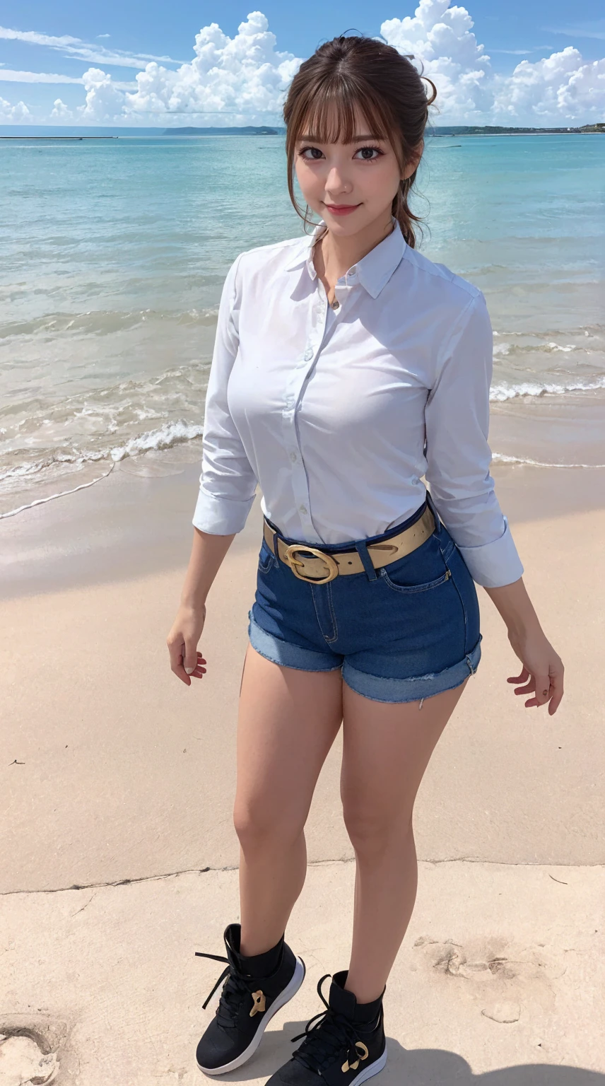 masterpiece, best quality, 4K, ultra-detailed, photorealistic, (1 girl), ((arms at sides)), (full body), (A fascinating eye for perfect detail:1.2), (smile), (medium brown hair), ((white collared shirt)), (denim shorts), (black belt with gold buckle), (standing on the beach), (front view), (from below), (ocean)