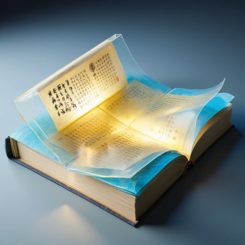 An unrolled ancient Chinese rice paper book, opened and placed, glass material, written with Chinese characters in gold, transparent, light blue, white, light gold, C4D, OC renderer, dreamlike, combined with the sense of the ancient and the future, three-dimensional ancient, bioluminescent, a beam of light, three-dimensional ancient, romantic ancient, light yellow, clean background, Zhao Wuji, Clear particles, clear light and shadow, real and virtual fields, ultra-high resolution, the overall composition is very artistic and spatial