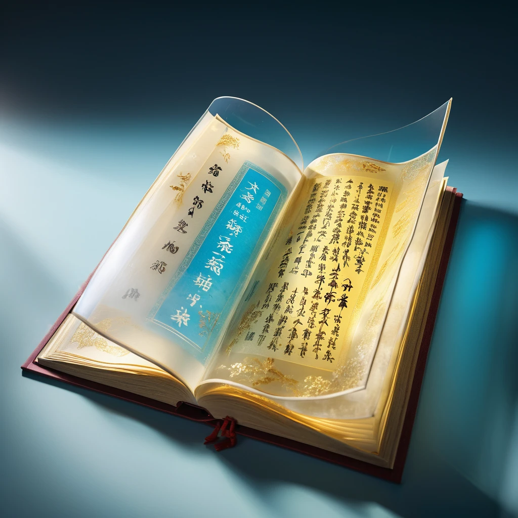 An unrolled ancient Chinese rice paper book, opened and placed, glass material, written with Chinese characters in gold, transparent, light blue, white, light gold, C4D, OC renderer, dreamlike, combined with the sense of the ancient and the future, three-dimensional ancient, bioluminescent, a beam of light, three-dimensional ancient, romantic ancient, light yellow, clean background, Zhao Wuji, Clear particles, clear light and shadow, real and virtual fields, ultra-high resolution, the overall composition is very artistic and spatial