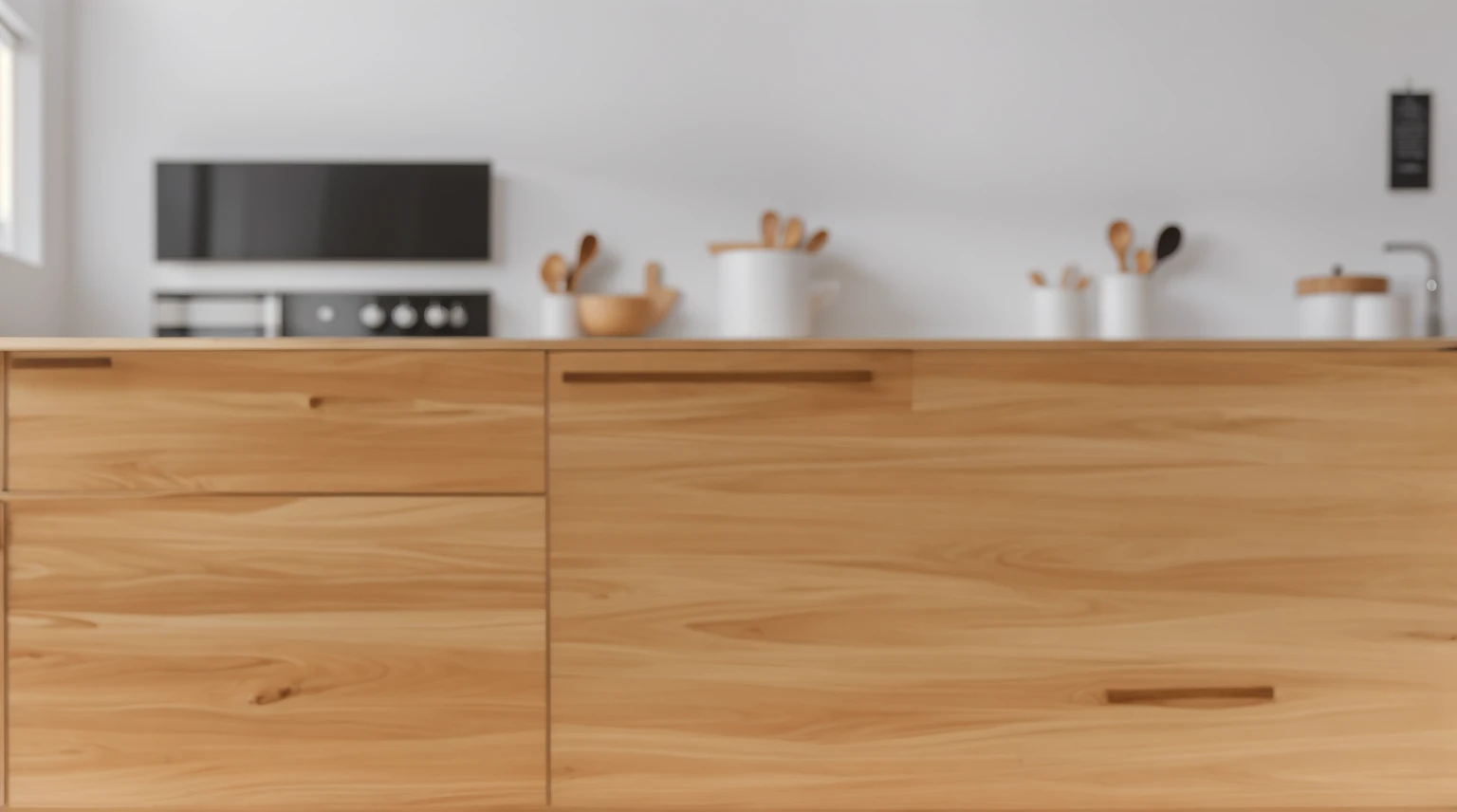 in light kitchen, wooden table, wooden texture, white cabinets, kitchen items, fruits, plates, towel, bright lights, soft light, window light, professional lighting, light from the window, neat light, realistic texture, realistic style, detailed texture, high quality, high resolution, high quality rendering, realistic photo, brightning light, macro photo