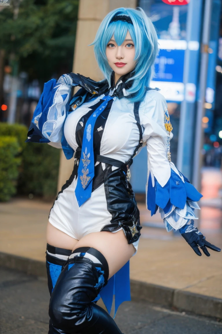  best quality, tmasterpiece,Ultra-high resolution,Clear face,（Reality：1.4），ferpect lighting，(full body photo:1.3), (photorealistic:1.50), anime wallpaper, Guviz style artwork, cover-up fantasy up to magic , by Yang J, Guviz, beautiful artwork illustration, beautiful digital artwork, beautiful digital illustration, Li Song, beautiful anime portrait, art style in Beauvot,1girl, blue hair, short hair, thighhighs, hairband, bangs, symmetry eyes, cityscape, night, Legs, street advertising, detailed face, super Giant breast:1.5, (looking at viewer:1.2), black kneehighs, (pantyhose:1), smooth chin, (ulzzang-6500:0.75), big eyes, (smile:0.9), (upper body:1.2), closed mouth, close to viewer, game cg, rendering, facing viewer, (photorealistic:1.6), bodysuit, detailed face, (high-waist shorts:1.2),