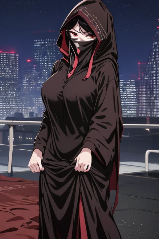 NNAssassinFSF, 1girl, solo, large breasts, black hair, red eyes, long sleeves, dress, hood, black dress, black cloak, hood up, black robe, covered mouth, hooded cloak, ((masterpiece,best quality)) cowboy shot, city, park, night
