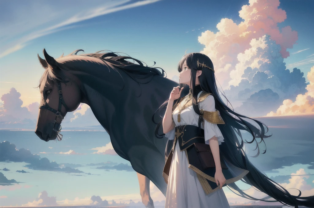 absurdres, highres, (official art, beautiful and aesthetic:1.2), close view,
shining sky, vast world, girl, ผมสีทอง,ตาสีฟ้า,gazing, awe-inspiring expression, distant horizon, clouds, high hill, natural beauty, inspiration, light effects,
