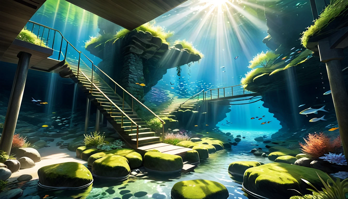 a staircase underwater in a mountain stream, detailed water surface, photorealistic, crisp details, sunlight filtering through water, moss-covered rocks, schools of fish swimming around, dramatic lighting, ethereal atmosphere, vibrant colors, serene, calming