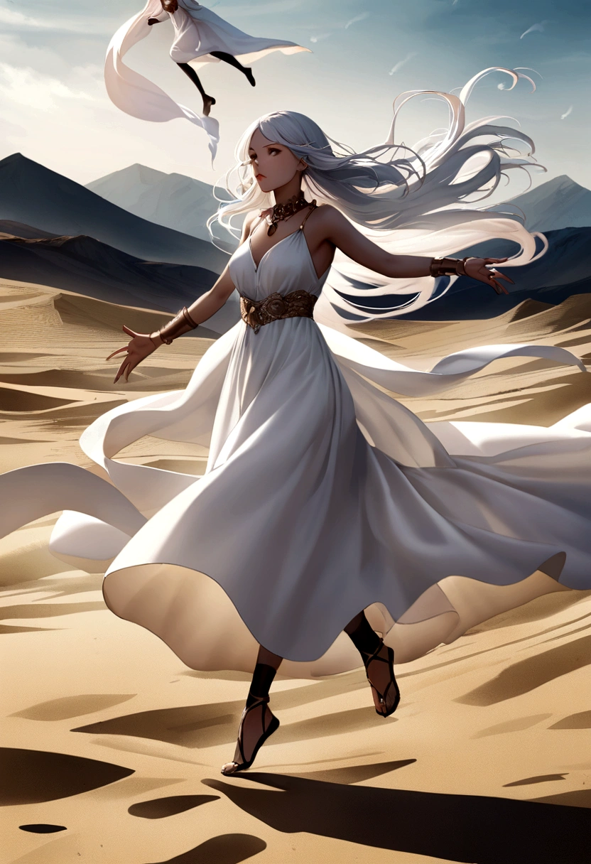 Arabian woman in white dress running on sand, She is floating in the air, Flowing hair and long robes, Dramatic Magical Levitation Pose, Floating Ghosts, White hair floating in the air, Dramatic floating pose, Hair swaying in the wind, Rise from the ground, levitation, The aesthetics of dark dance photography, Hair reaches the ground、Fuji Mountain