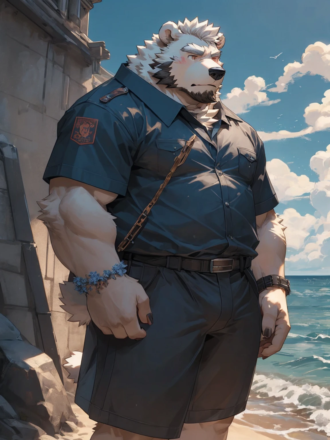 (Super detailed), Sharp focus,hairy, Gray hair, White beard, White hair,human nature(Polar Bear:1.3), male, ((Elderly face)), Gray body,(Crotch bulge),Super detailed的脸,(dishevelled:1.4),(best quality), (masterpiece), High Detail, high quality,High resolution,16K,(scar:0.6),Serious expression,(slight fat:1.1),(naked:1.3),(seaside),(Floral shirt),East Release,Four and a half。