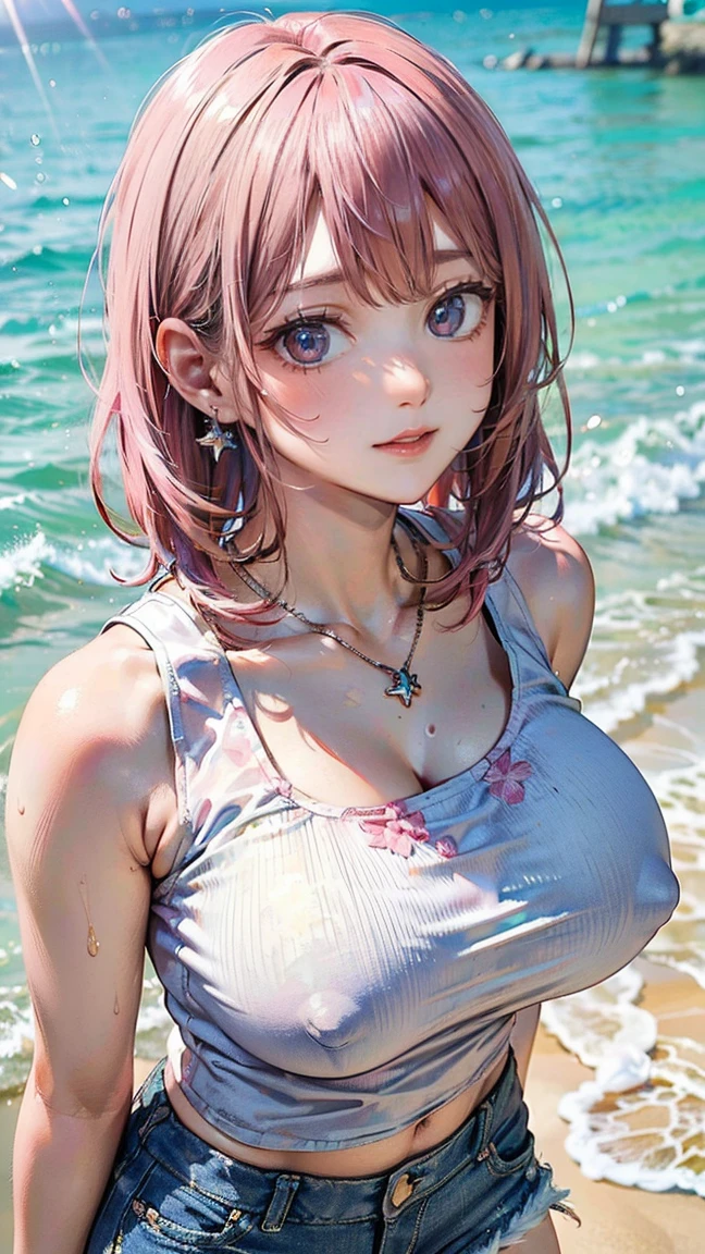 (Masterpiece, BestQuality:1.3), (ultra detailed:1.2), (hyperrealistic:1.3), (RAW photo:1.2), High detail RAW color photo, professional photograph, (Photorealistic:1.4), (realistic:1.4), professional lighting, perfect anatomy, (Big Breasts:1.2), (blush, detailed face), (cheerful Smile:1.5), Trending Hair&Trending Hairカラーをランダムに, earrings, necklace, bracelet, sexy, erotic sexy, Random sexy gravure poses, (A beautiful pink-haired woman wearing a white tank top and short denim pants、Smiling and posing sexy on the beach in spring。:1.3)