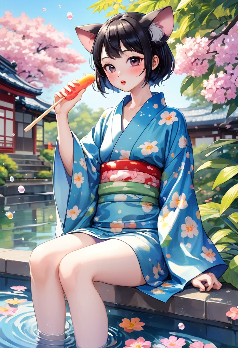 (Yumeji Takehisa style:1.2) , Hallucination, daydream , nightmare , Insane Dream , bokeh , erotica , romance , realistic mouse nymph and realistic cat , yukata , Petals fluttering down , Single eyelids, round nose, swollen cheeks , glossy lips , licking popsicle , Collarbone , Disheveled Hair , (Water up to the ankle:0.85) , Scorching Heat summer , Roll up the hem to expose your knees , A cool scene in the hot summer