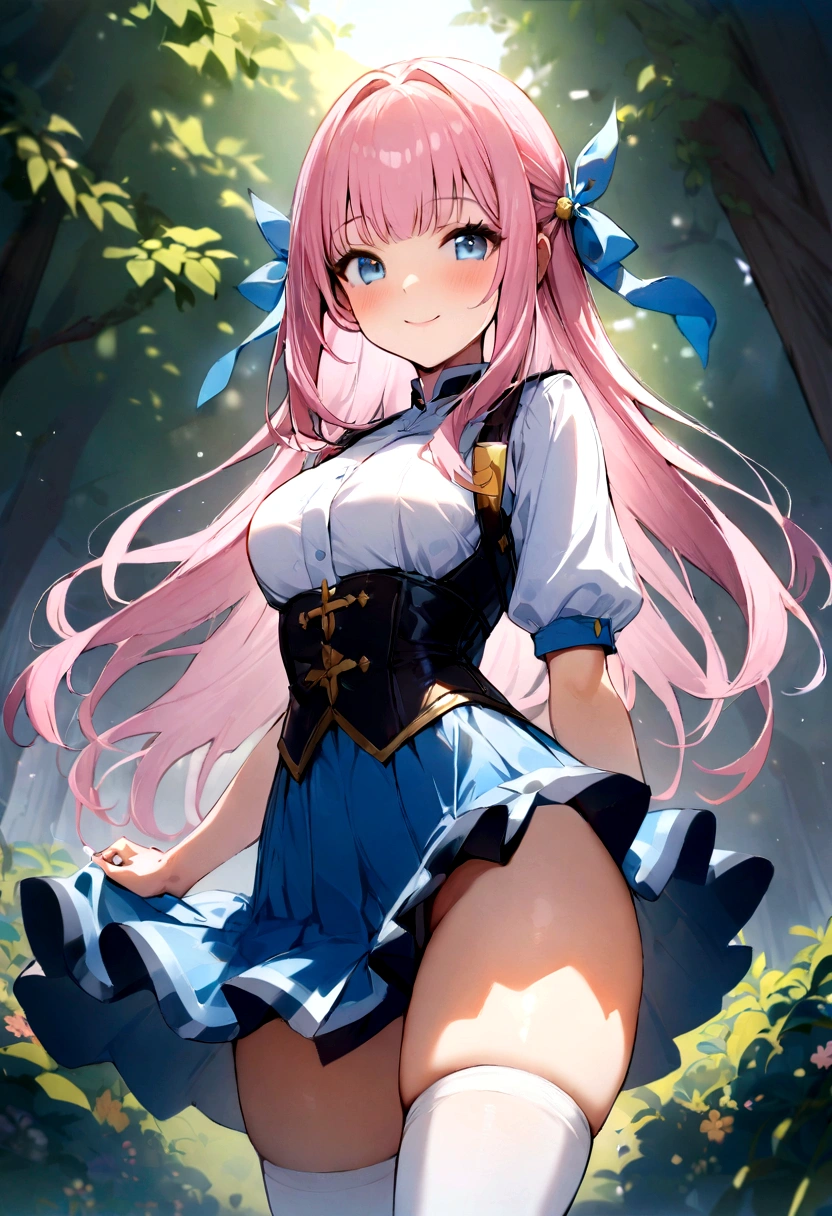 One girl, Outdoor, smile, Cowboy Shot, Underbust,
junk_personally delivered, blue eyes, Pink Hair, Long Hair, Hair Ribbon, kiyosumi , Seraphim, Blue Skirt, White knee socks, Highest quality, masterpiece, High resolution,