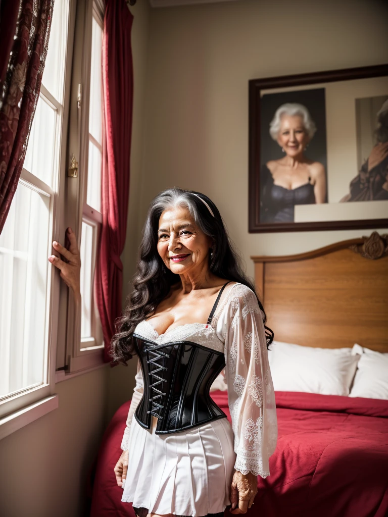 Mature old woman 80 years with black long hair, plus size, old face and body with many wrinkles, smiling, loose skin, sitting at bedroom posing for photo, She wearing white corset with black pattern with large neckline, black tennis skirt and lace black stockings side view. jaw dropping mature older beauty, old face and body with wrinkles, old face, attractive grandma, a gorgeous old hair, beautiful old grandma, lovely older mature grandma, gorgeous beautiful grandma over 80 years old, beautiful white long hair grandma, beautiful detailed body and face, a beautiful old granny