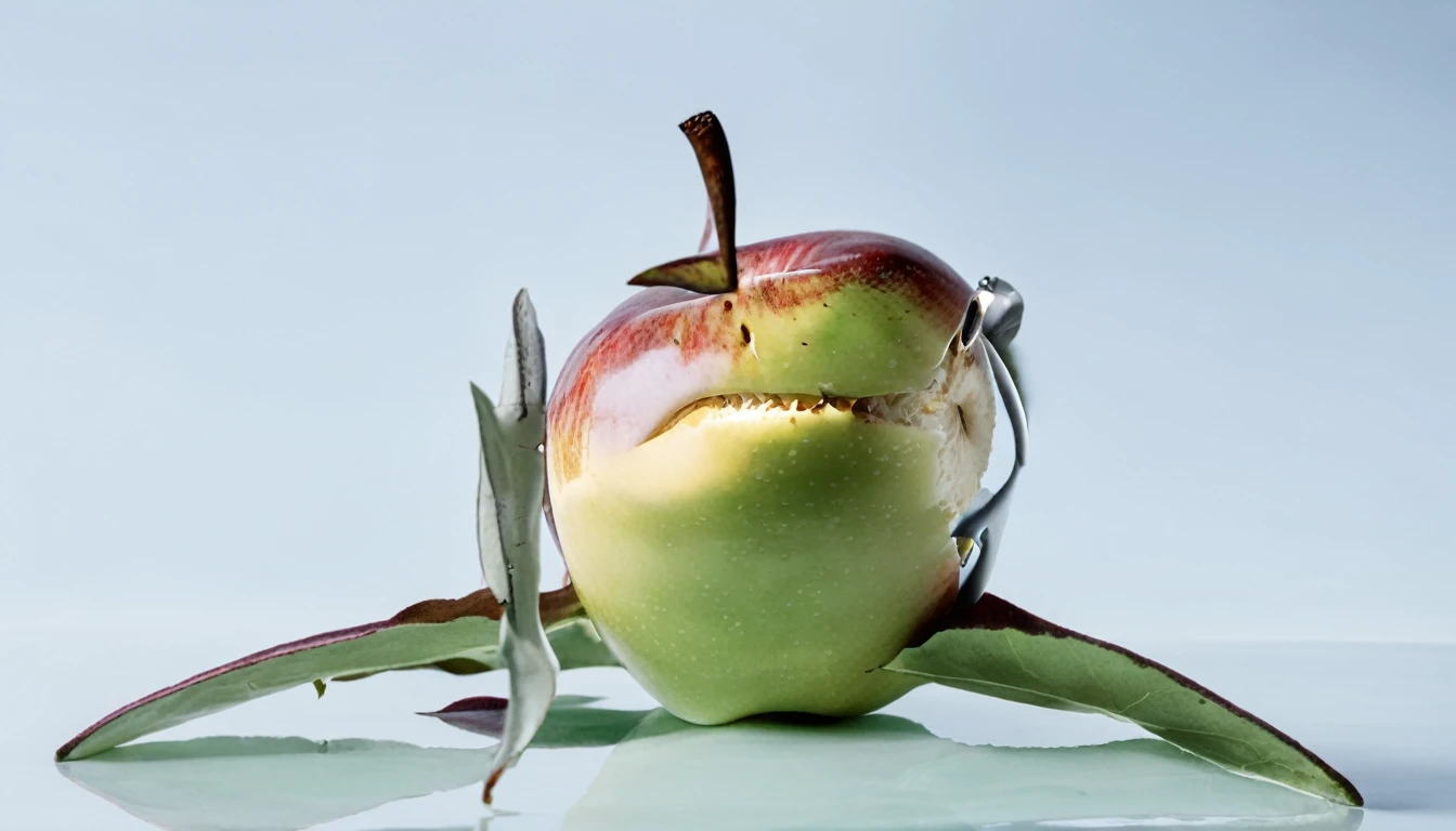 Photo of an apple:1 AND photo of a shark from the front, front view:0.6