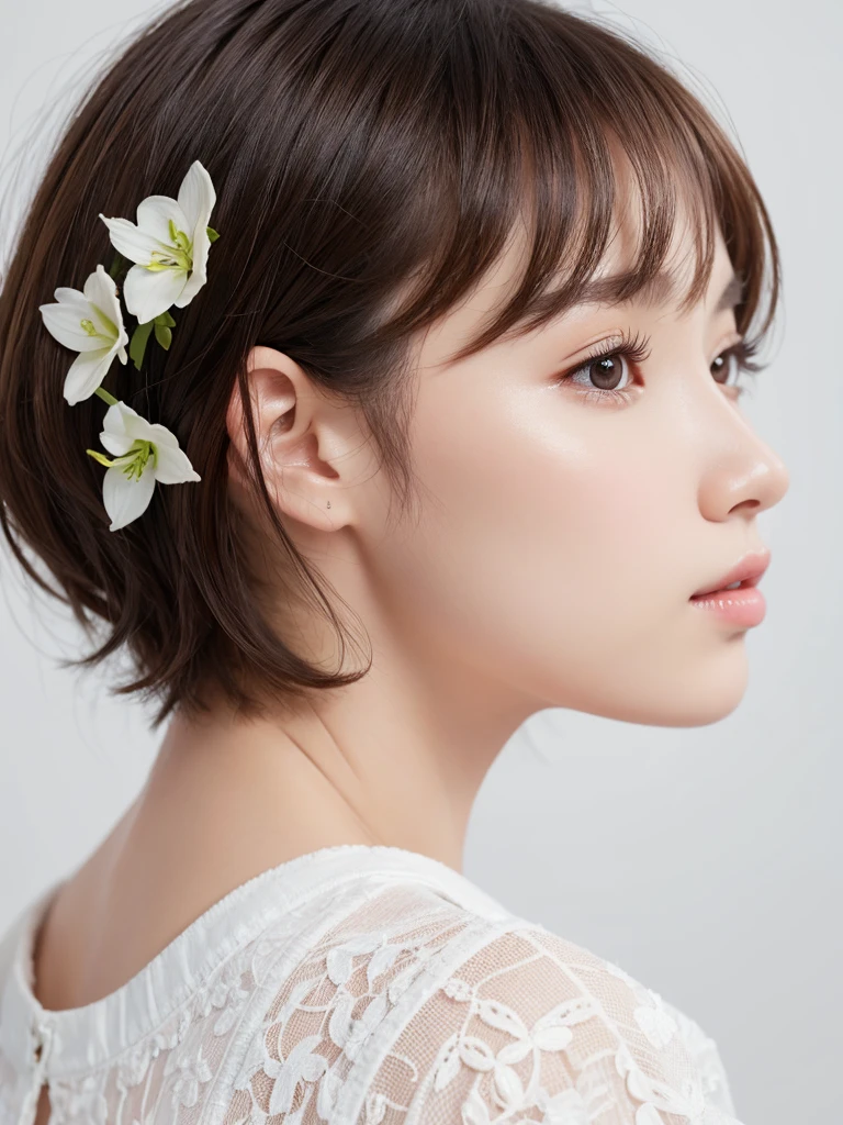 1 Girl, (masterpiece:1.3), (4K, born, Sharp focus, delicate, Beautiful composition, 最high quality,) (Realistic:1.4), high quality, Very detailed,((profile:1.3))、big ears、Realistic lighting、(Realistic skin), (Intricate details), (Latex Surface:0.4), (Fine skin:1.Perfect glowing skin:0.6), (Beautiful Eyes),Realistic eyes, Beautiful Face,)、(White casual summer clothes:1.2)、(The simplest pure white background:1.3)、(Portrait with space:1.3)、((short hair:1.1))、Sparkling Eyes,Realistic skin hydration,Twenty year old girl, Brown Hair,Realistic skin texture、Big Natural Color Lip、Lip gloss,Harajuku、cute、