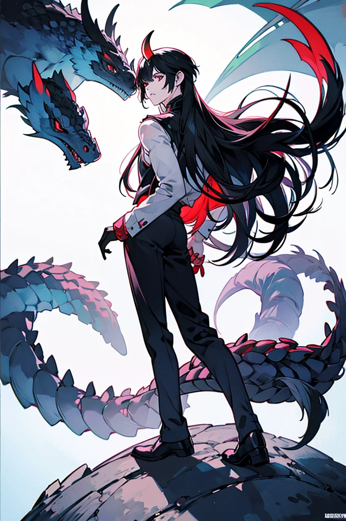 full body image of BOY with black horns black hair, eye white, long hair in the back and short in the front, um pequeno rabo de reptil e eye white e roupas vermelhas