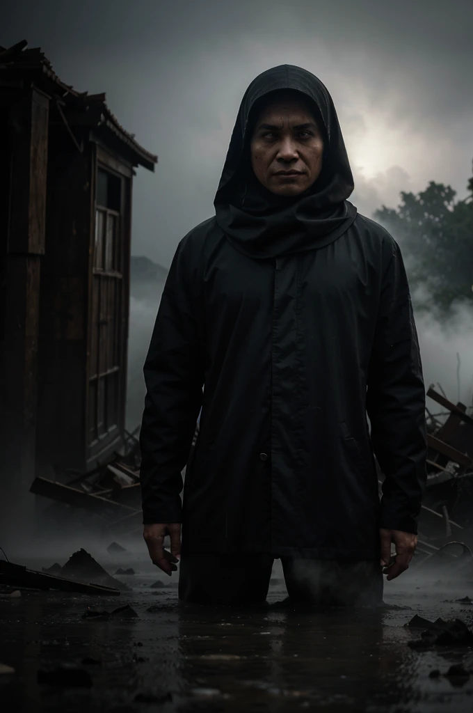 From a high vantage point, the camera captures the face of a scary woman. His eyes were wide in terror, his mouth opened in silence an inaudible cry. Gaun panjangnya yang kotor dan sobek menempel pada tubuhnya yang basah oleh hujan deras yang tak henti-hentinya. He stood amidst the misty ruins, tangannya terangkat seolah dalam doa, seeking safety or perhaps redemption in the midst of the enveloping devastation. The old, thick fog adds a gloomy and mysterious atmosphere to this already eerie landscape.
