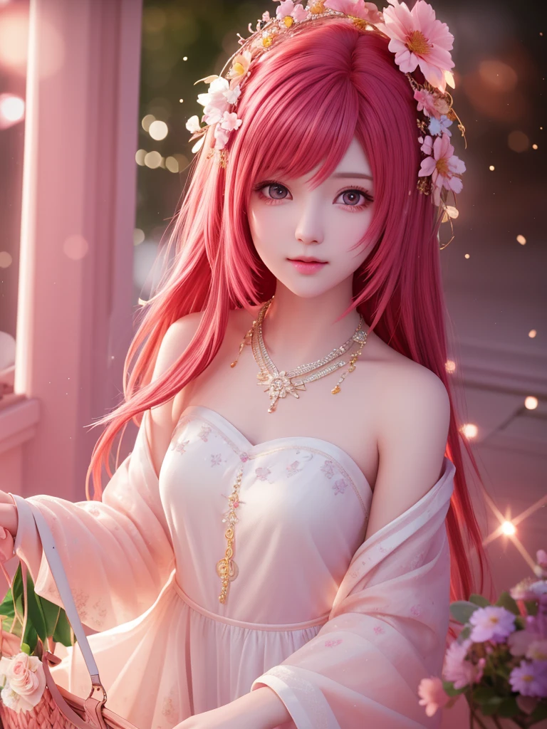 best quality, masterpiece, High target, There is a girl with a basket of flowers on her head, beautiful clothes, Hair Decorationss, necklace, Decorations, Pretty Face, When the body, Tyndall effect, Realistic Portraits, Edge lighting, Two-color light, (Very delicate skin:1.2), 8K uhd, Digital SLR Camera, Soft Light, high quality, Volumetric Lighting, Honest, photo, high resolution, 4K, 8K, Bokeh, Red Hair,pink hair tips, Pink Eyes.