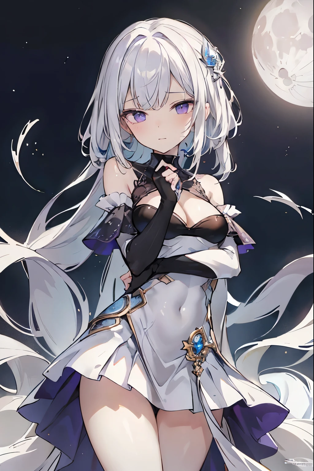 1girl, アニメ, cute girl, blank background, white background, fantasy, detailed fantasy dress with highlights, beautiful face, beautiful eyes, dark colors, black hair with multicolor streaks, red eye with different color pupil in eye, multicolor eye, medium breasts, slight cleavage, beautiful skin, cute, breast curtains, extremely delicate and beautiful, (beautiful detailed face:1.0), (detailed deep eyes), symmetrical breasts, deep eyes, shiny skin, portrait, slender waist, hips wider than shoulders, thighs, expressionless, young girl, luminous eyes, adorable,(Kpop idol),(aegyo sal:1),(Platinum blonde hair:1),((puffy eye)),Black panty,sexy posture,Superskirt, Ultra-high resolution,Black collar,slim figure, Abdominal y tattoo, womb tattoo,Tight-fitting leg ring,y tattoo on half-body,Bare skin, Armored hand,Hidden fingertips,Hand covered,Arm covered,Fist covered,{{beautiful detailed fingers}}, tufts of hair, moderate beautiful breast:1.0,(masterpiece:1.2), best quality, high-res, HDR, perfect face, intricate armor, delicate blue filigree, intricate filigree, red metalic parts, detailed part, dynamic pose, dynamic lights, cute face, neutral expression, shuimobysim, lotus, Hanfu, maxi skirt, dress conservatively 1girl, 独奏, long blue hair, standing, One lady,14years,((White hair) ,(Shiny purple bodysuit with microskirt),((Fantasy, Moon Night)), gradient_eyes,