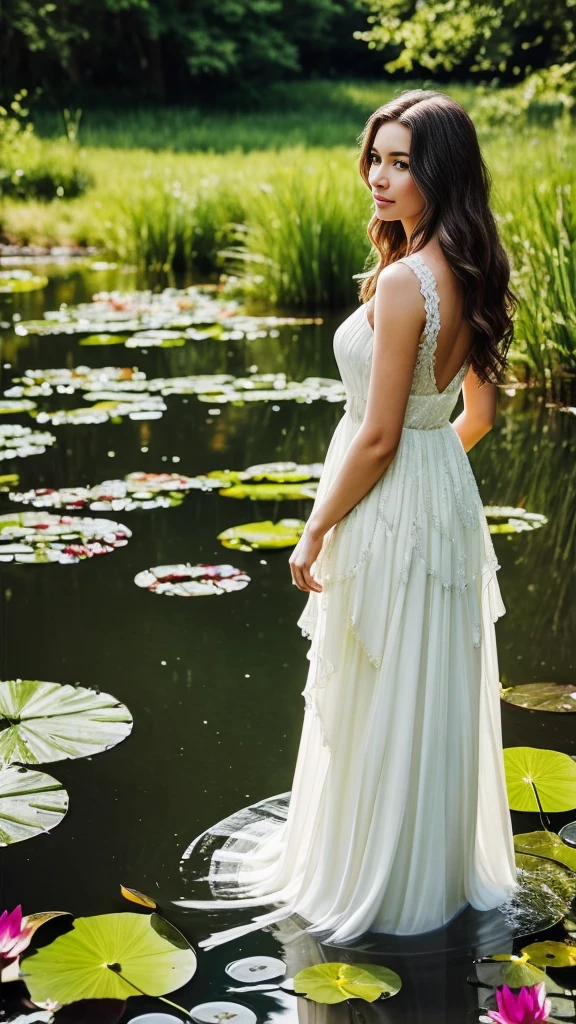 **Prompt for a Realistic Image: Beautiful American Lady in a Pond with Flowers**

Create an ultra-realistic, high-resolution image of a very beautiful American lady standing gracefully in a serene pond. The scene is artistically illustrated to highlight both the natural beauty of the surroundings and the elegance of the woman.

The scene includes:
- **The lady**: She has long, flowing hair cascading down her back, with soft waves catching the gentle light. She wears a delicate, flowing dress that clings to her form, slightly wet from the pond, accentuating her graceful posture. Her expression is serene and reflective, with a gentle smile playing on her lips.
- **The pond**: Crystal-clear water with a mirror-like surface, reflecting the lady and the surrounding flora. The water is shallow, gently rippling around her feet.
- **Flowers**: A variety of vibrant flowers bloom near the pond's edge and some float delicately on the water’s surface. Lilies, lotus flowers, and colorful wildflowers create a lush, enchanting atmosphere.
- **Background**: Lush greenery surrounds the pond, with tall trees whose branches form a natural canopy. Sunlight filters through the leaves, casting dappled light and creating a magical, ethereal glow.
- **Additional elements**: Delicate dragonflies and butterflies flit around, adding a touch of whimsy. Soft petals occasionally fall from the flowers, drifting gently in the air.

The overall composition exudes a sense of tranquility, natural beauty, and elegance, capturing the harmonious connection between the lady and her serene, flower-filled environment.