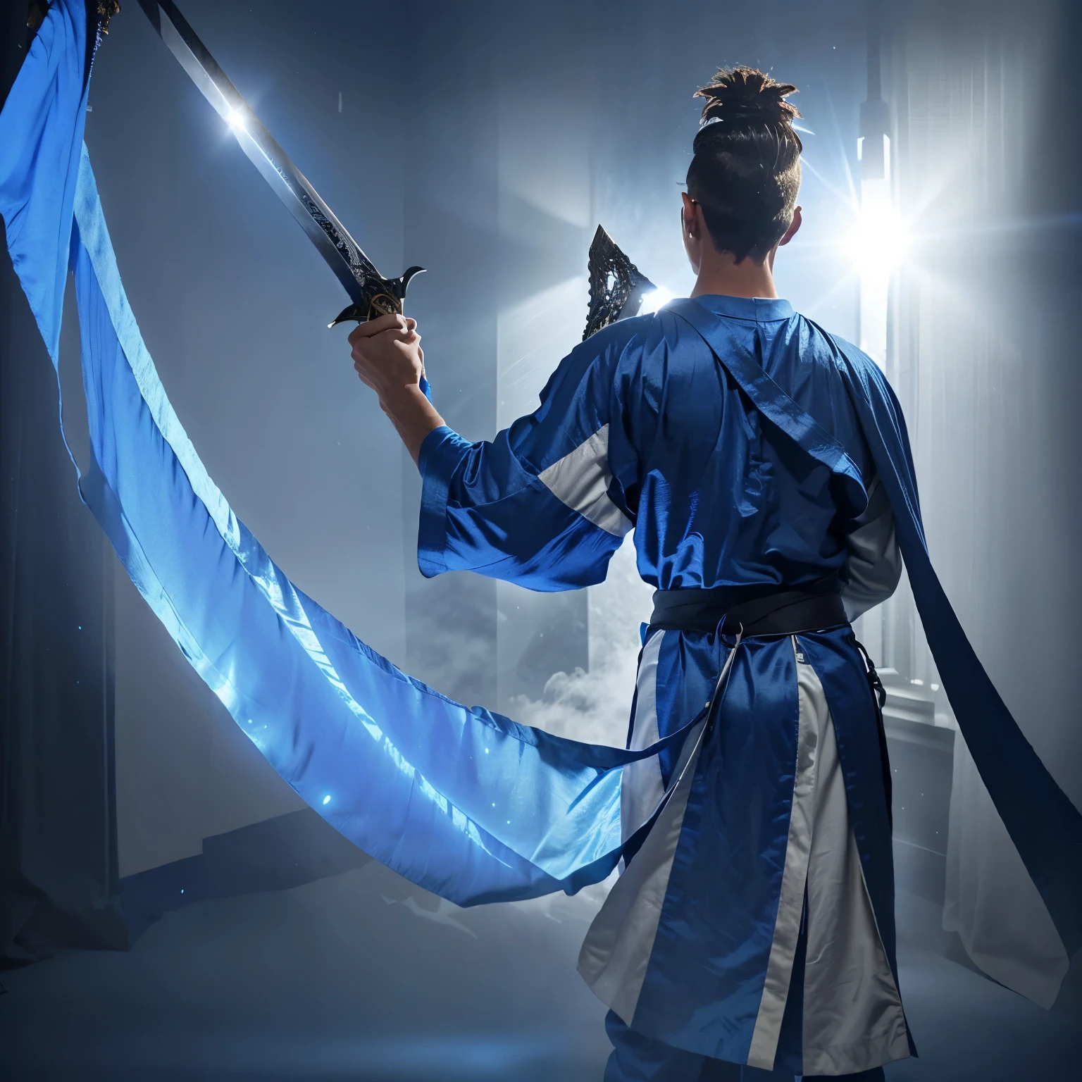 a man with a sword and a blue robe in a dark room, and blue light from behind his body.