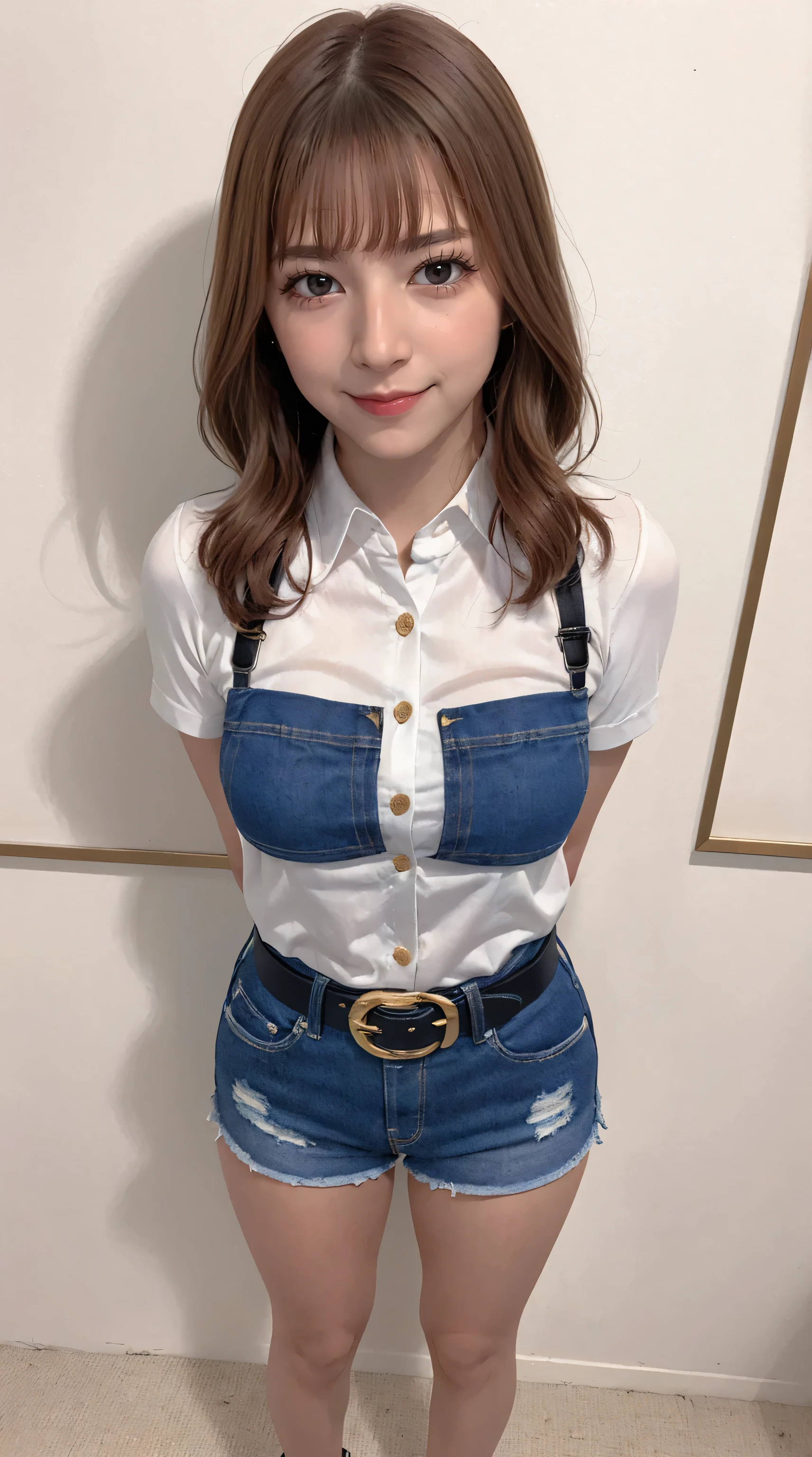 masterpiece, best quality, 4K, ultra-detailed, photorealistic, (1 girl), ((arms at sides)), (full body), (A fascinating eye for perfect detail:1.2), (smile), ((center parted hair)), (medium brown hair), ((white collared shirt)), (denim shorts), (black belt with gold buckle), (standing), (front view)