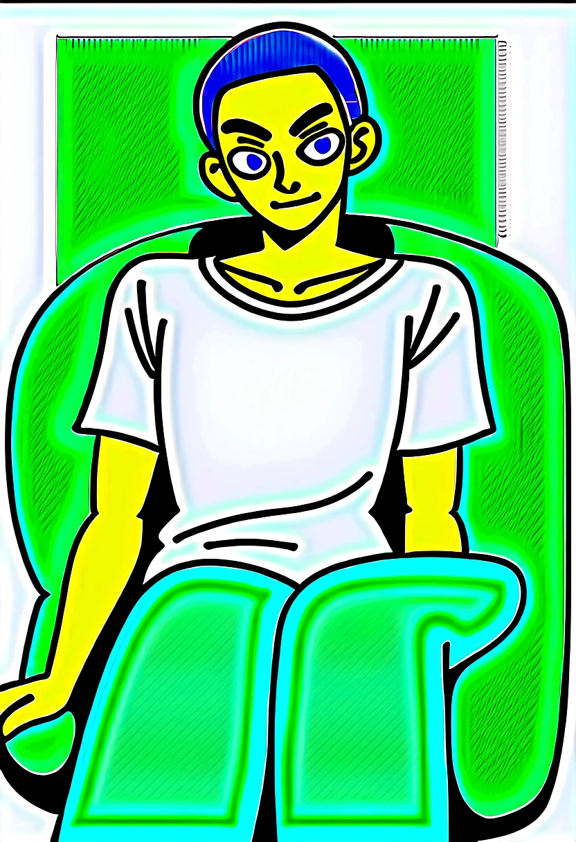 Male cartoon character in a white t-shirt,Sitting