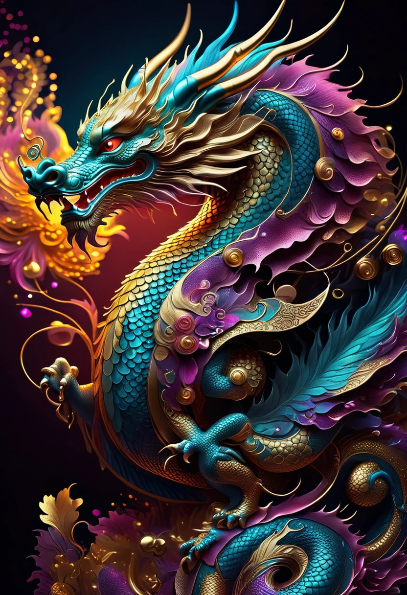 Chinese dragon portrait, (Rich and colorful,High detail,Vector art)，（background gold coin heavy rain neon light technology laser）