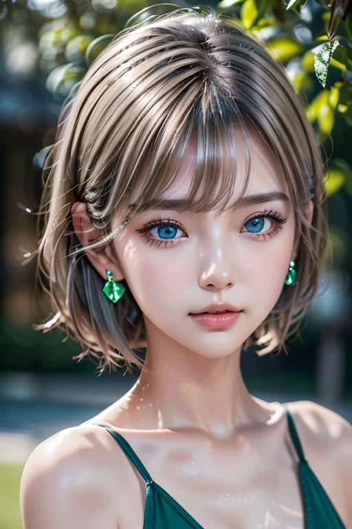 8k、ultra high resolution、realistic、Raw photo, highest quality, masterpiece:1.2、(realistic, photo-realistic:1.37),high contrast, table top, Pull the camera、half body image、elevation angle、Looking at the camera、 very beautiful and nice、18 year old model girl alone、eye-catching beauty、Beauty that draws you in、shiny shiny white shiny skin、realistic skin texture:1.2、 best looks、 Silver gray hair with dazzling highlights、shiny bright hair, thin hair、shiny shiny hair、Hair on one eye、Put out one ear、delicate hair、platinum short bob hair、 Crystal clear and charming blue eyes、The light rays enter the eyes、double eyelid、detailed and beautiful eyes, beautifully detailed nose, natural makeup、small face、with a little smile、 ample breasts、firm bust、healthy clavicle、half up bra、((( outdoor、I can see green in the distance、Depth of the bounds written:1.5、Blurred:1.2 )))、
